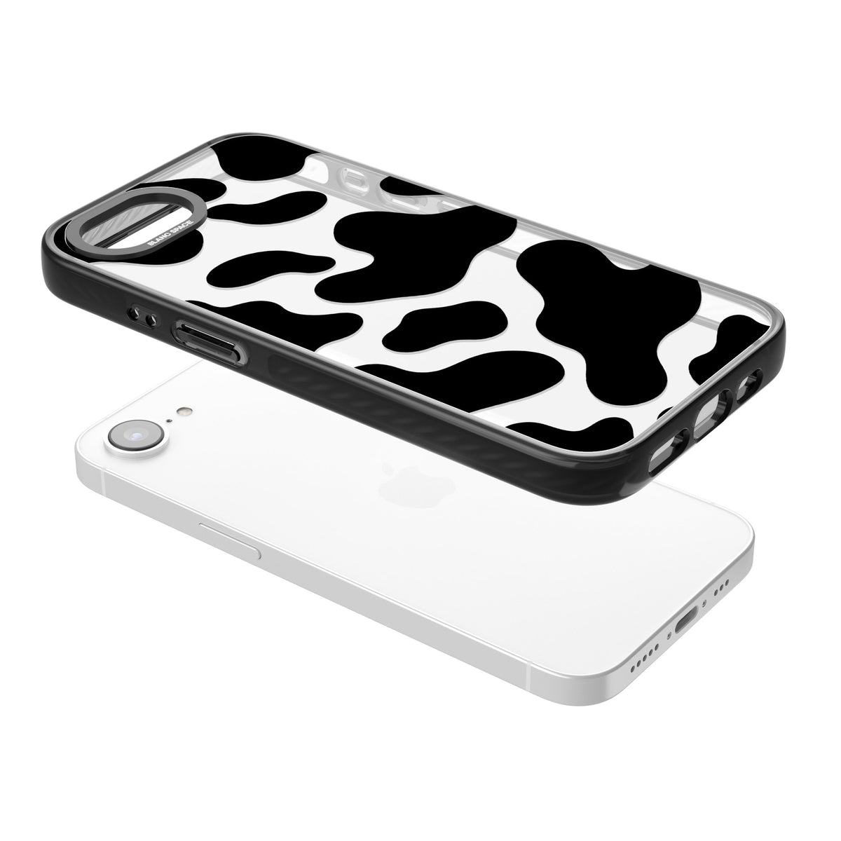 Clear Cow Print iPhone 16e / iPhone 17e Impact Black Phone Case angled