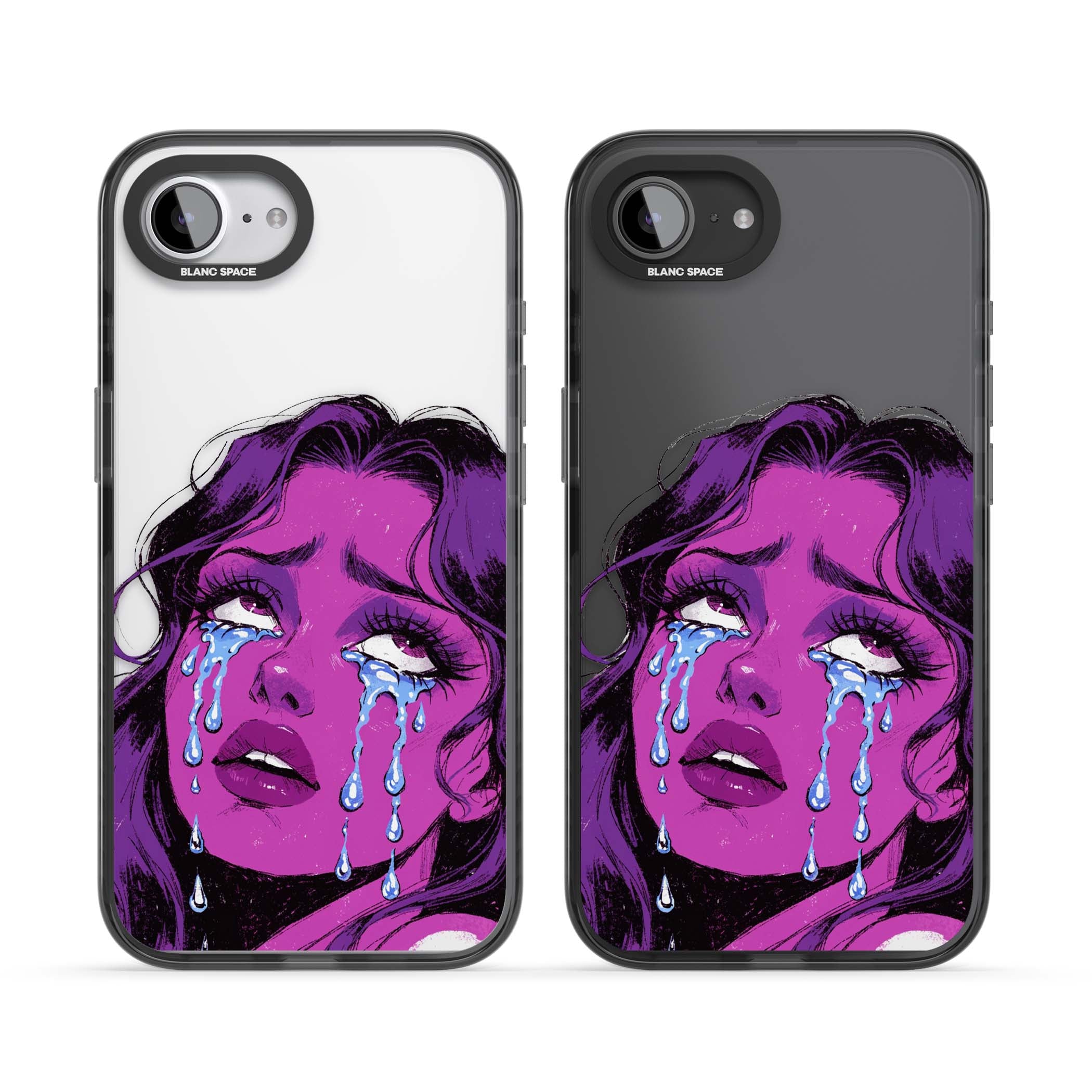 Drama Queen pop art iPhone case featuring a purple crying comic girl with blue tears | Black Impact case for iPhone 16e, iPhone 17e