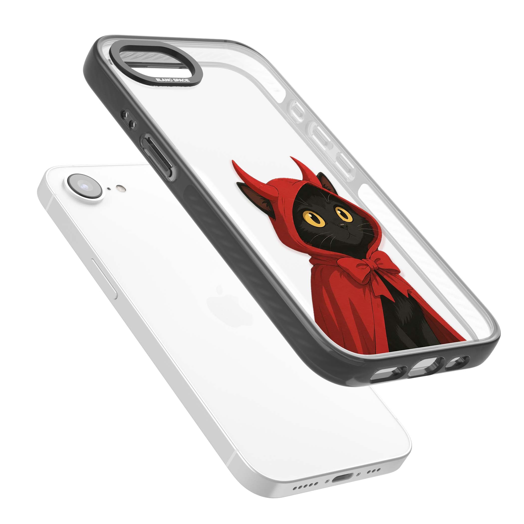 Little Devil halloween iPhone case featuring a black cat in a red hooded devil cloak with horns and golden eyes | Black Impact case for iPhone 16e, iPhone 17e