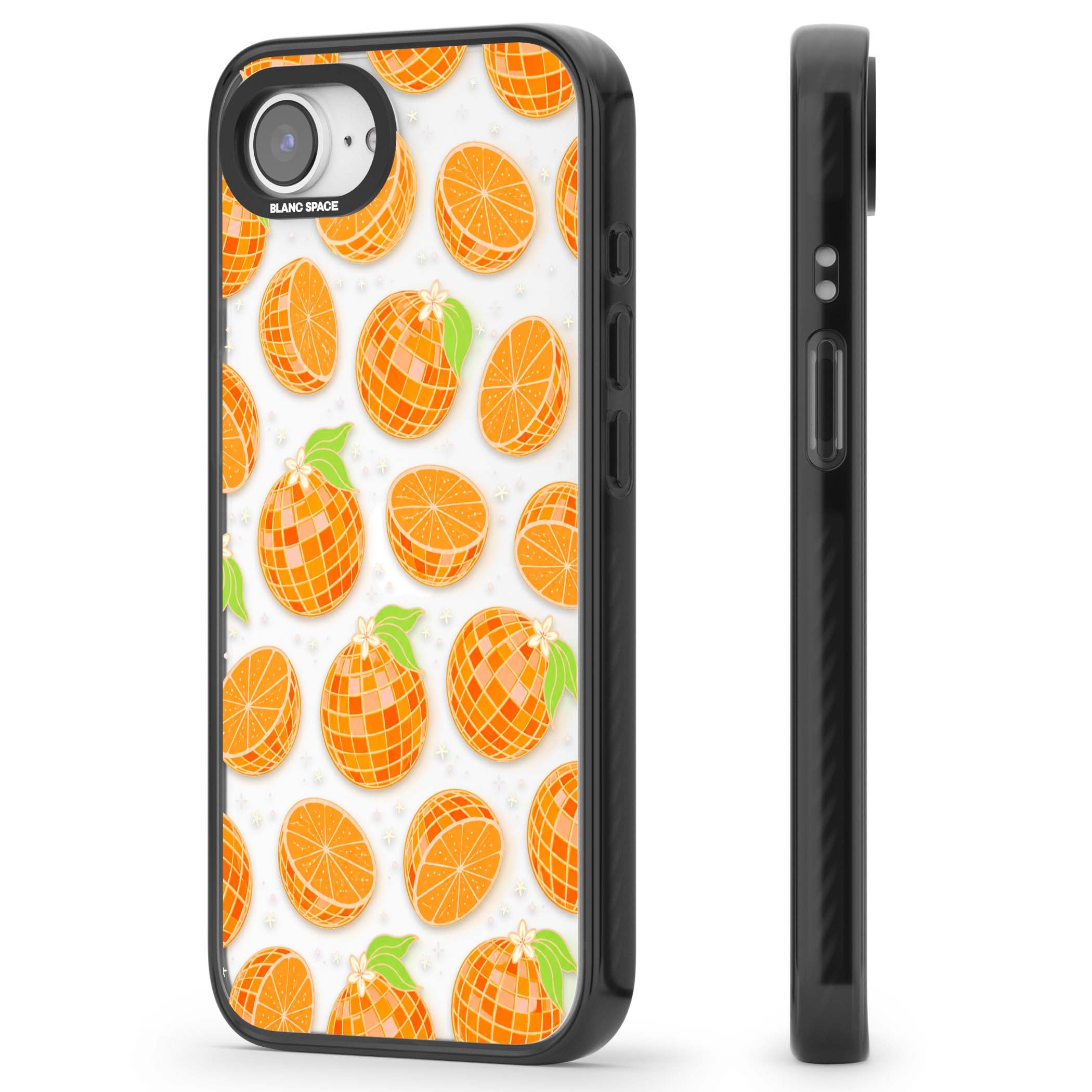 Disco Oranges retro iPhone case featuring mirrorball oranges, citrus slices and tiny blossoms on clear | Black Impact case for iPhone 16e, iPhone 17e