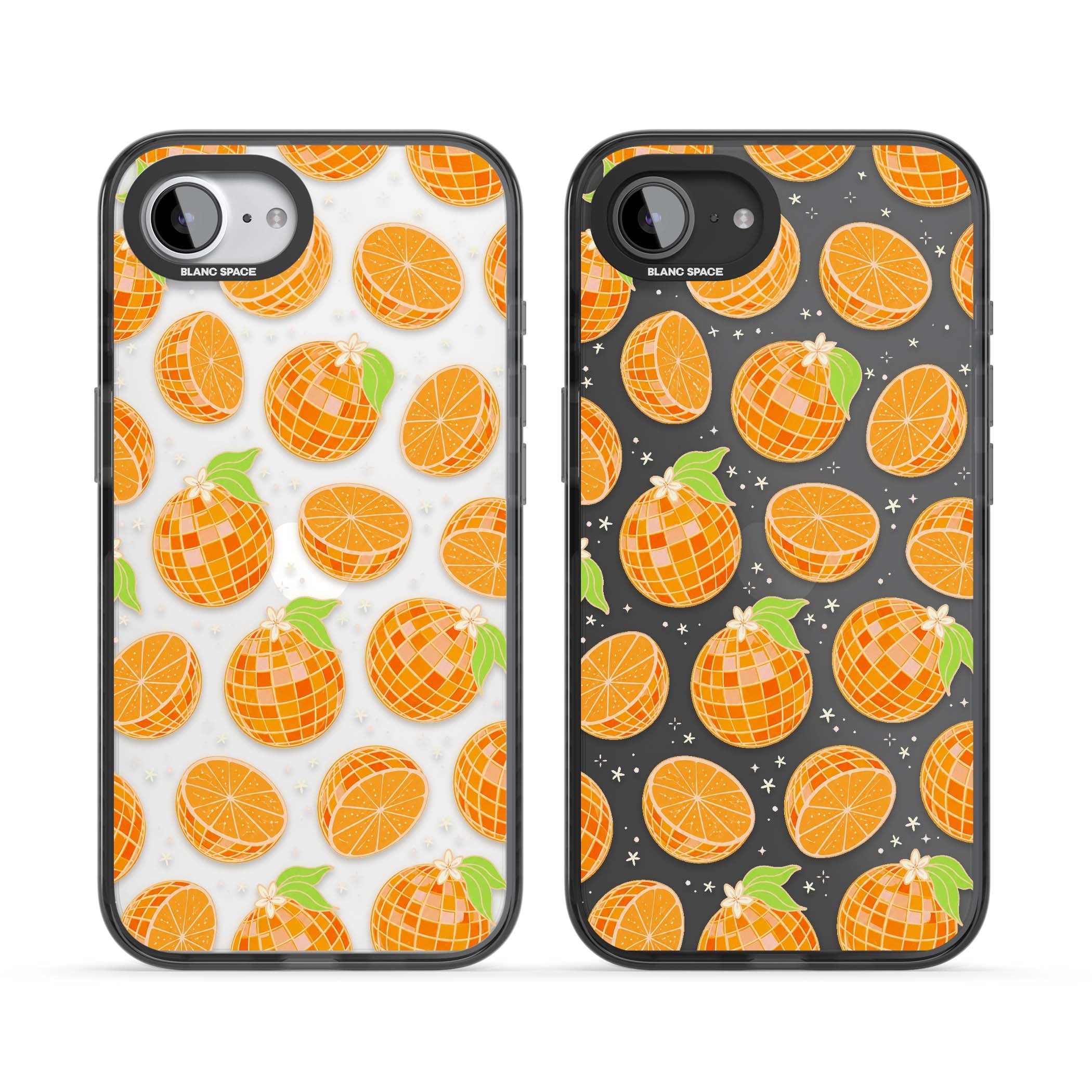Disco Oranges retro iPhone case featuring mirrorball oranges, citrus slices and tiny blossoms on clear | Black Impact case for iPhone 16e, iPhone 17e
