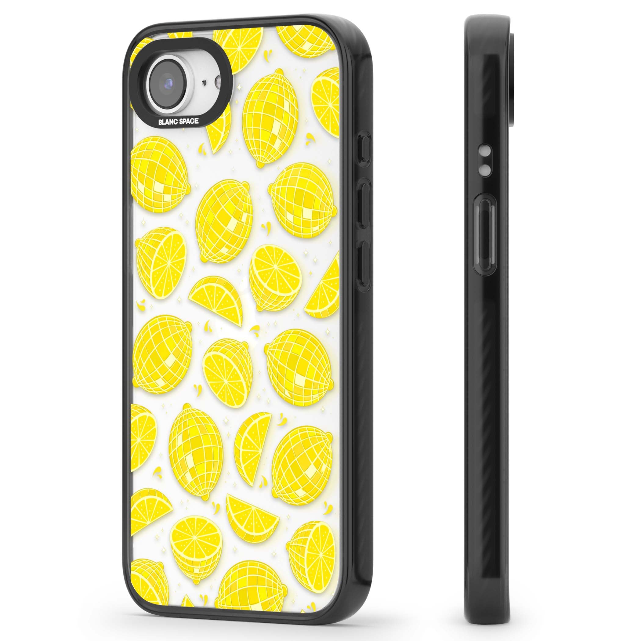 Disco Lemons citrus iPhone case featuring mirrorball lemons, sliced fruit and sparkle accents | Black Impact case for iPhone 16e, iPhone 17e