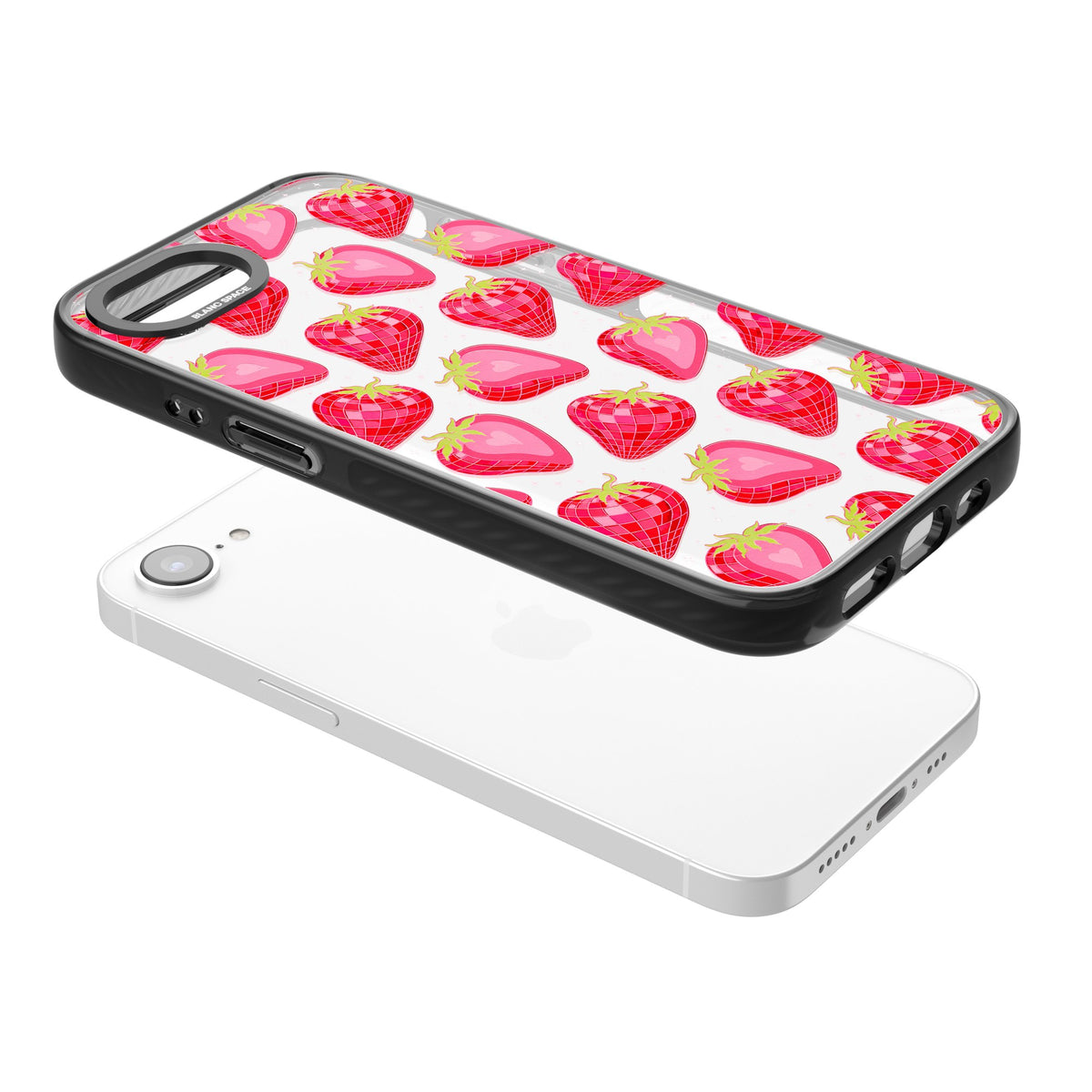 Disco Strawberry iPhone 16e / iPhone 17e Impact Black Phone Case angled