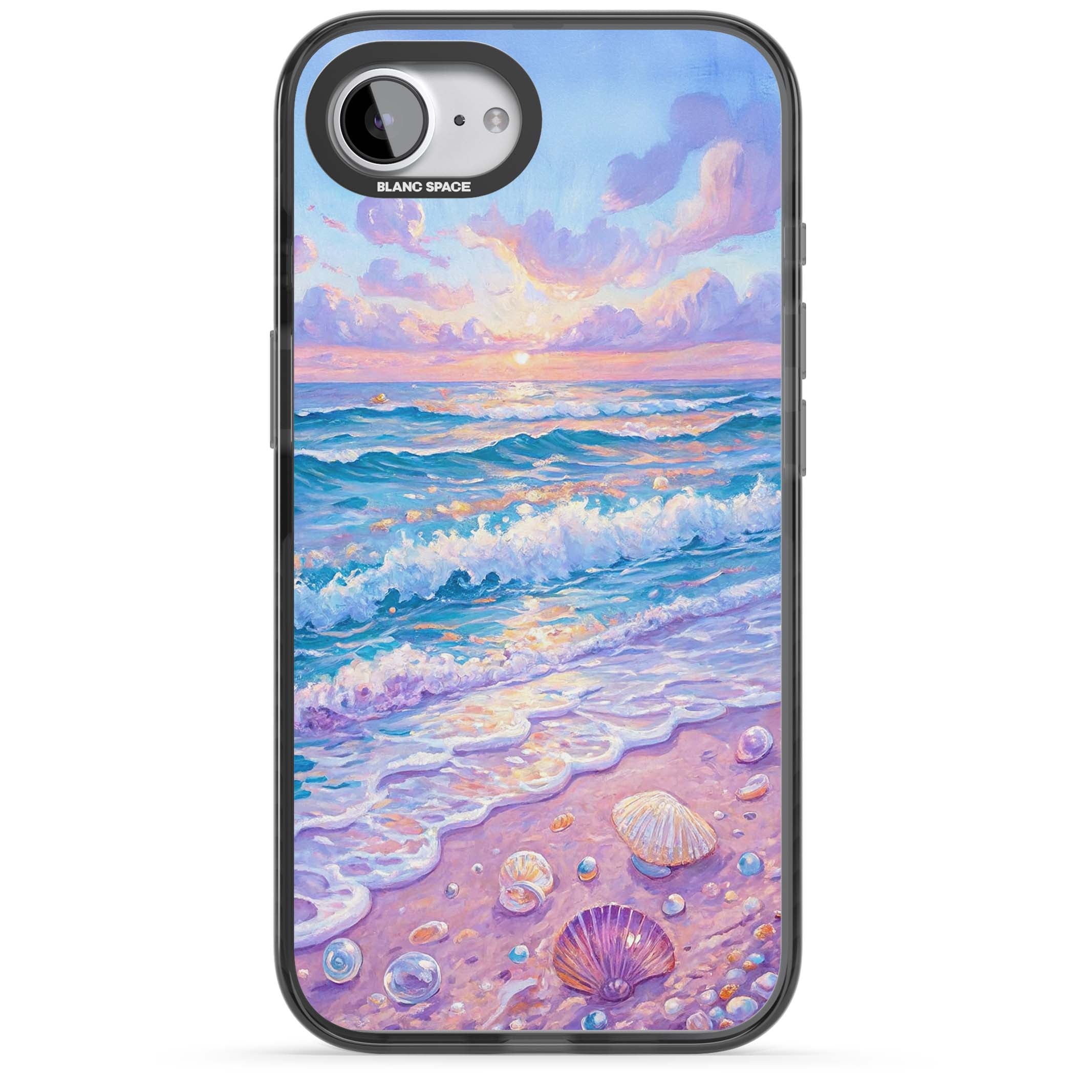 Pearl Shore coastal iPhone case featuring pastel painted waves, seashells, and a sunrise sky over a lavender beach. | Black Impact case for iPhone 16e, iPhone 17e