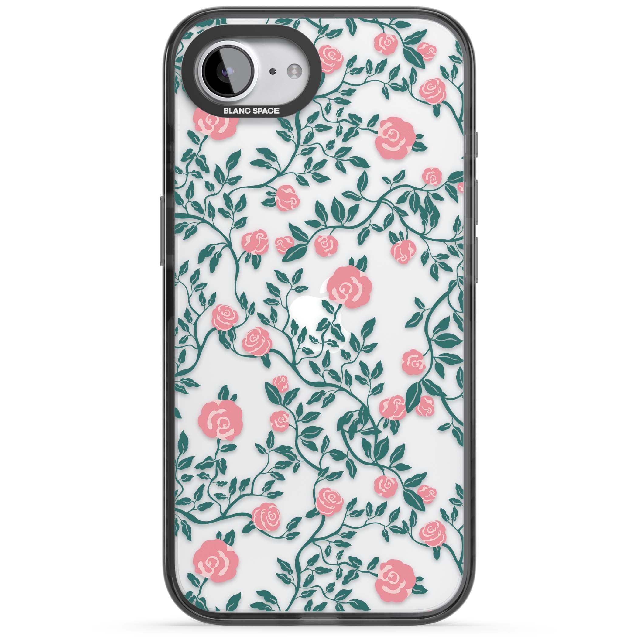 Rose Trellis (Clear) cottagecore iPhone case featuring pink climbing roses and green leaves on clear background | Black Impact case for iPhone 16e, iPhone 17e