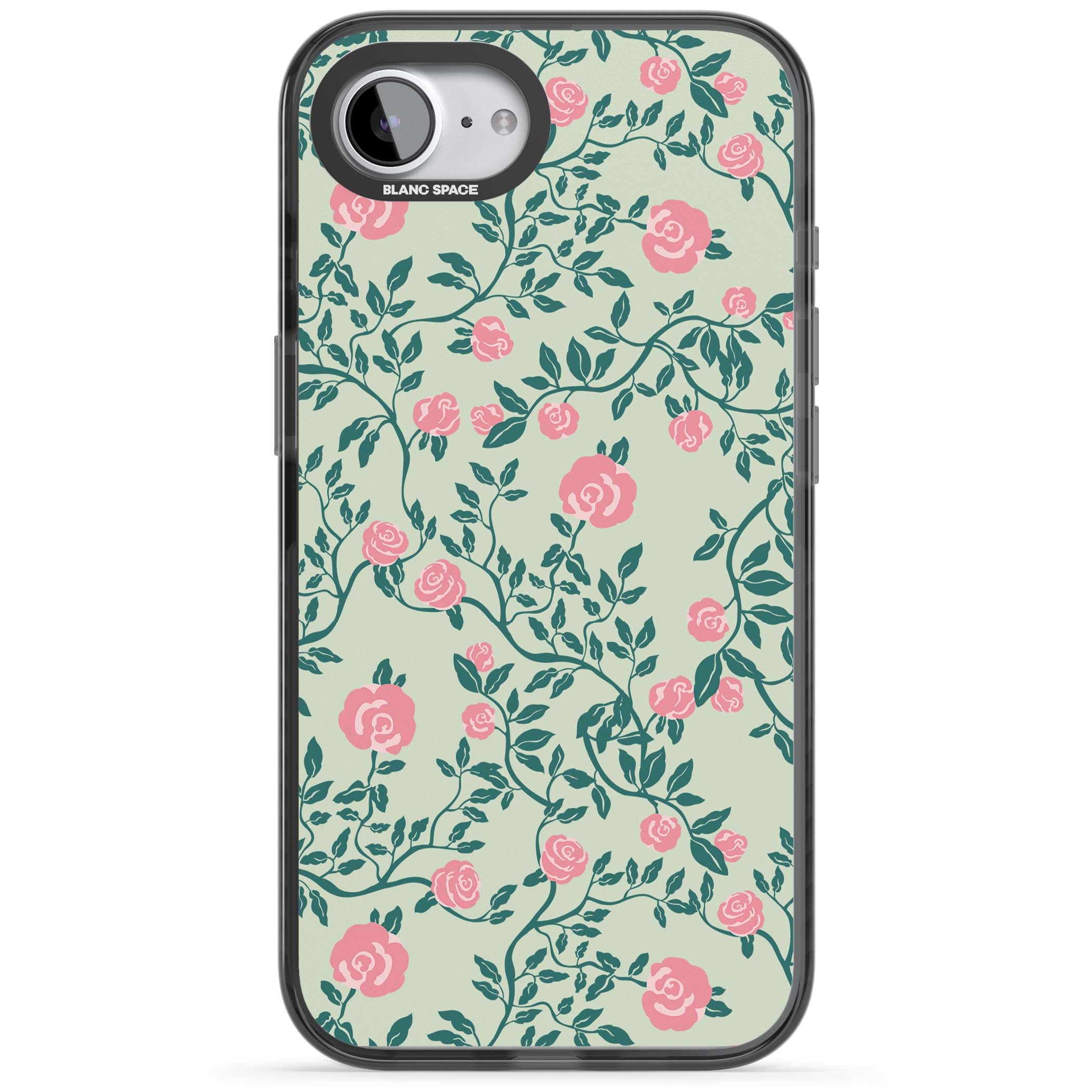 Rose Trellis cottagecore iPhone case featuring pink roses, sage green vines, and mint background | Black Impact case for iPhone 16e, iPhone 17e