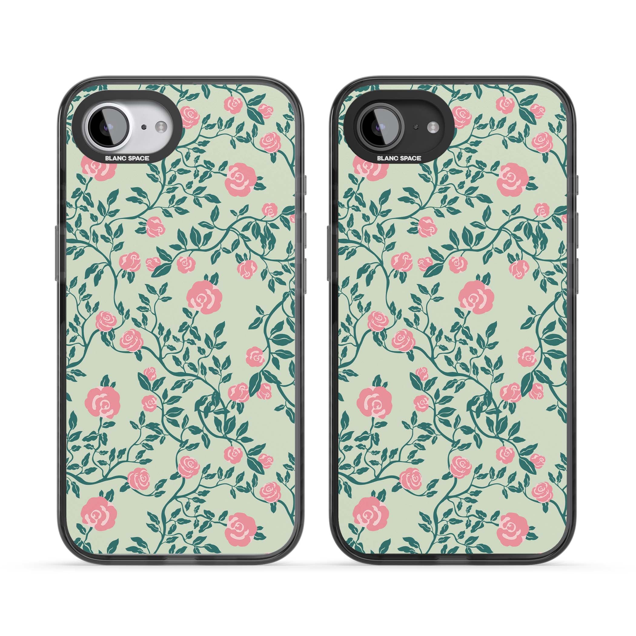 Rose Trellis cottagecore iPhone case featuring pink roses, sage green vines, and mint background | Black Impact case for iPhone 16e, iPhone 17e