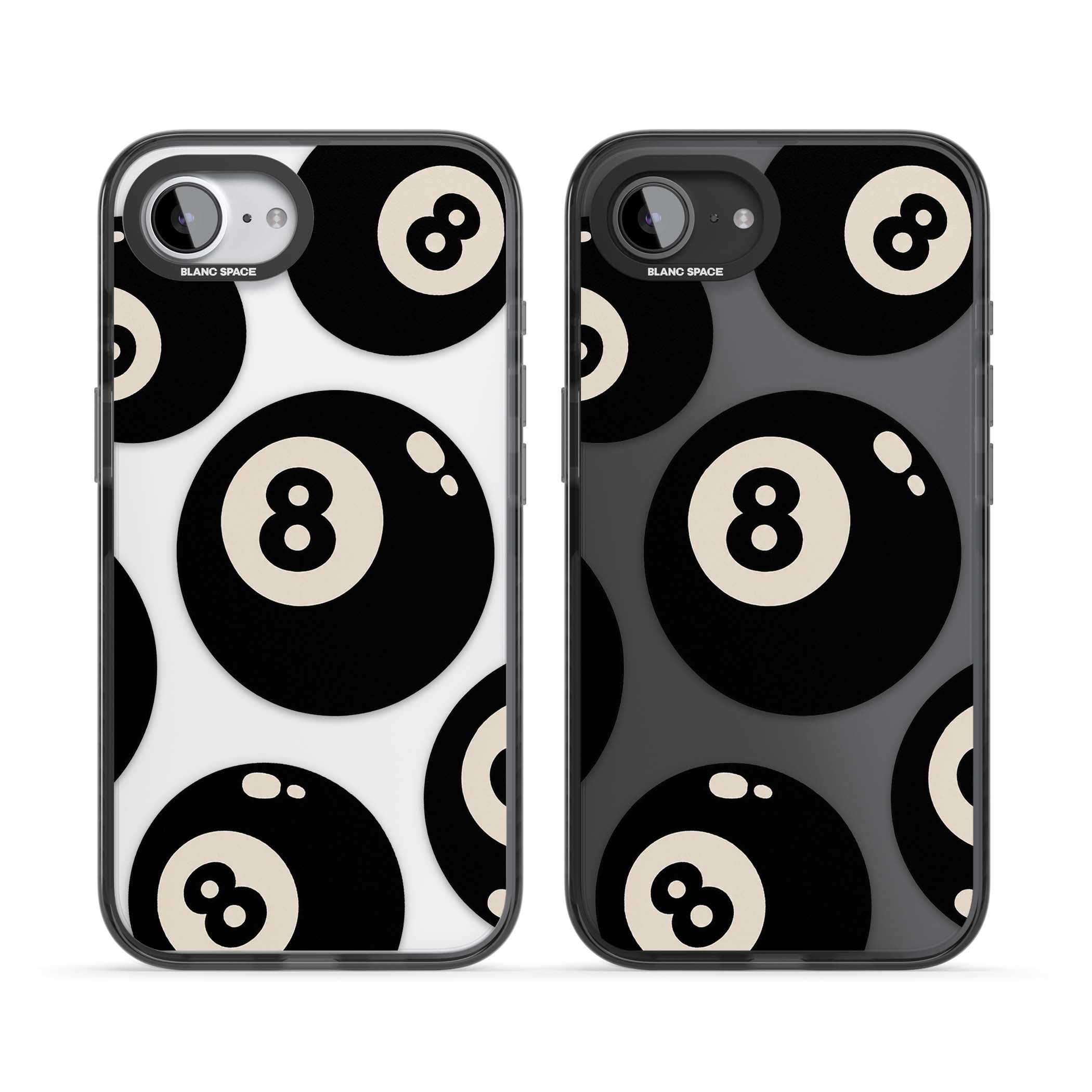 Eights y2k iPhone case featuring scattered black 8 balls with cream highlights on a clear background | Black Impact case for iPhone 16e, iPhone 17e