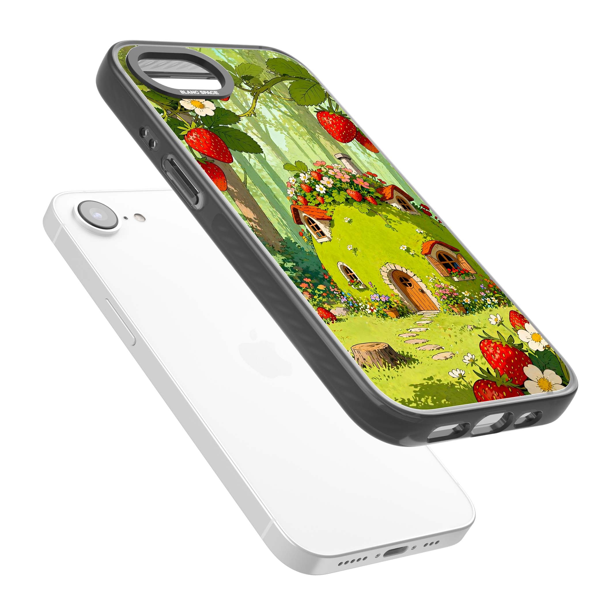 Strawberry Cottage cottagecore iPhone case featuring a green fairy house, wild strawberries and enchanted forest flowers | Black Impact case for iPhone 16e, iPhone 17e