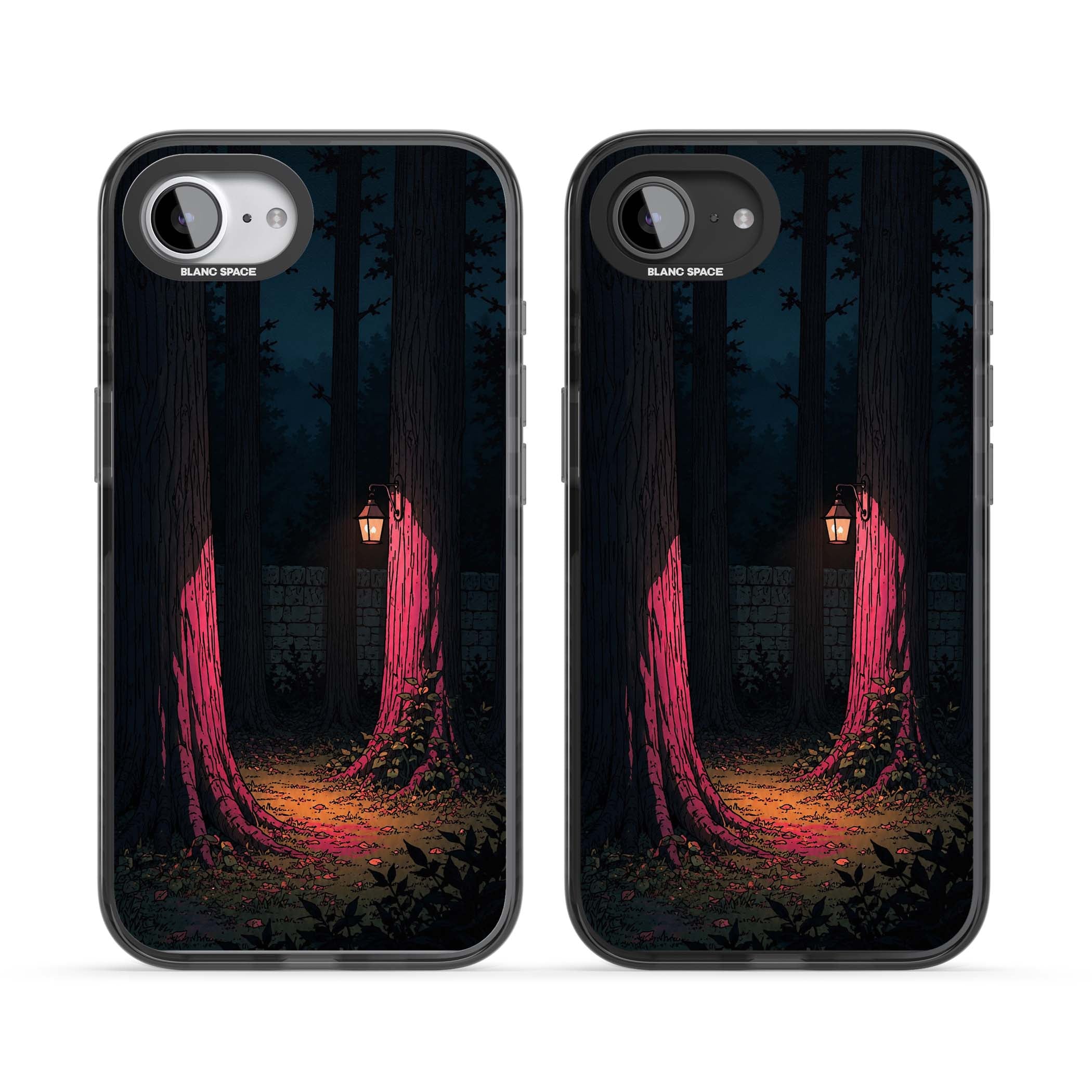 Forest Lantern dark academia iPhone case featuring a moonlit forest, glowing lantern, and stone wall pathway | Black Impact case for iPhone 16e, iPhone 17e