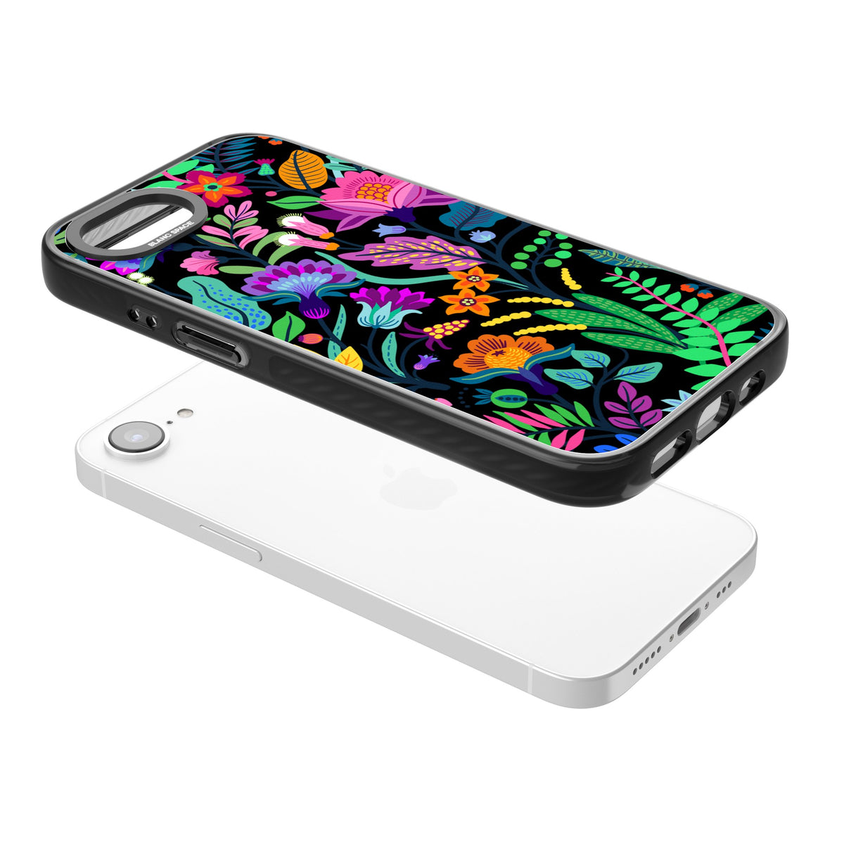 Floral Vibe (Black) iPhone 16e / iPhone 17e Impact Black Phone Case angled