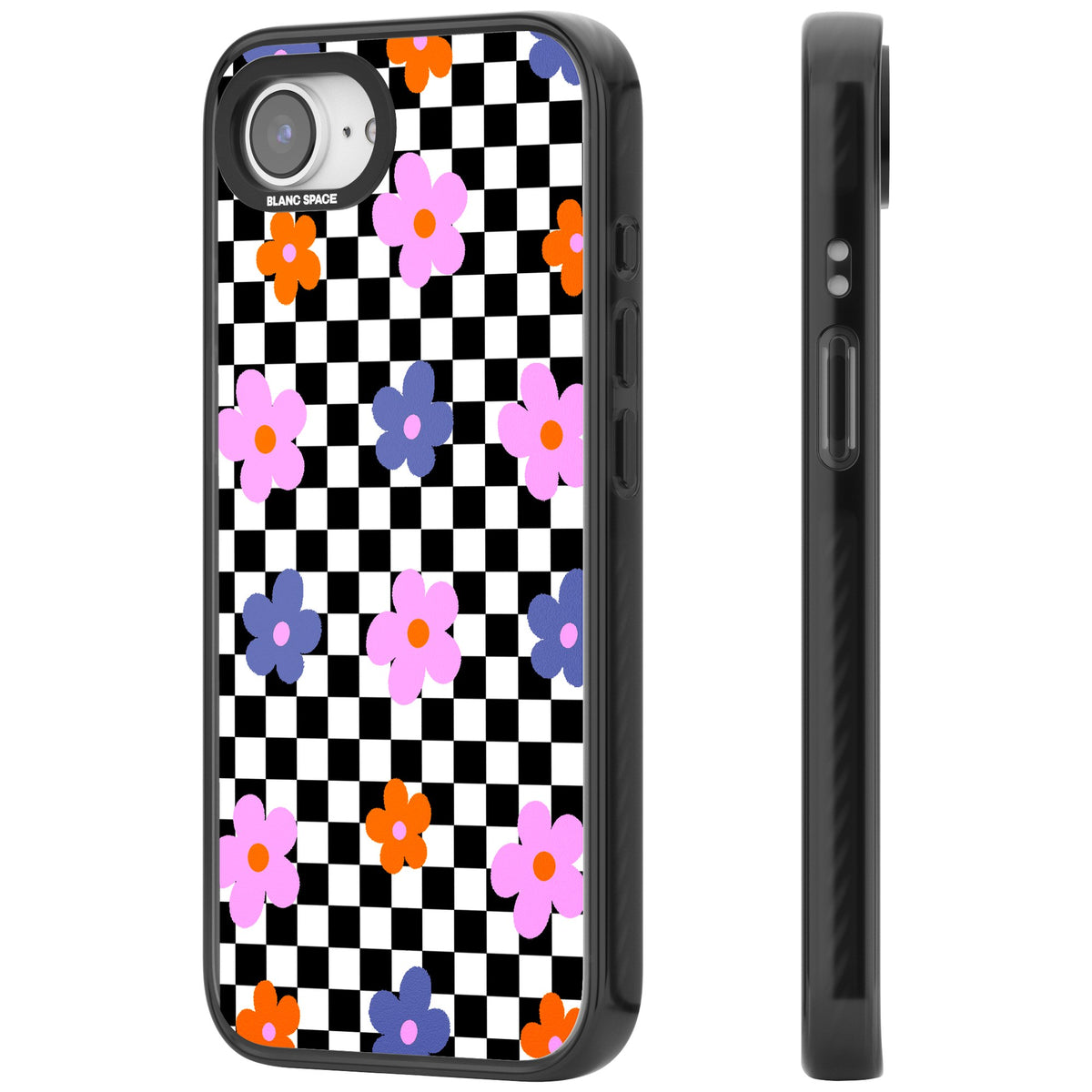 Checkered Blossom iPhone 16e / iPhone 17e Impact Black Phone Case side