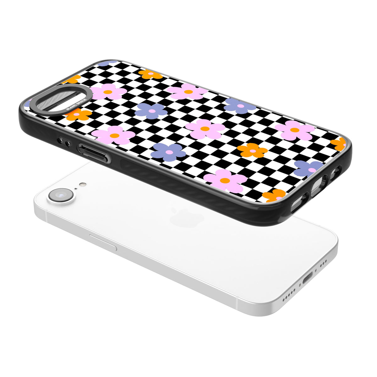 Checkered Blossom iPhone 16e / iPhone 17e Impact Black Phone Case angled