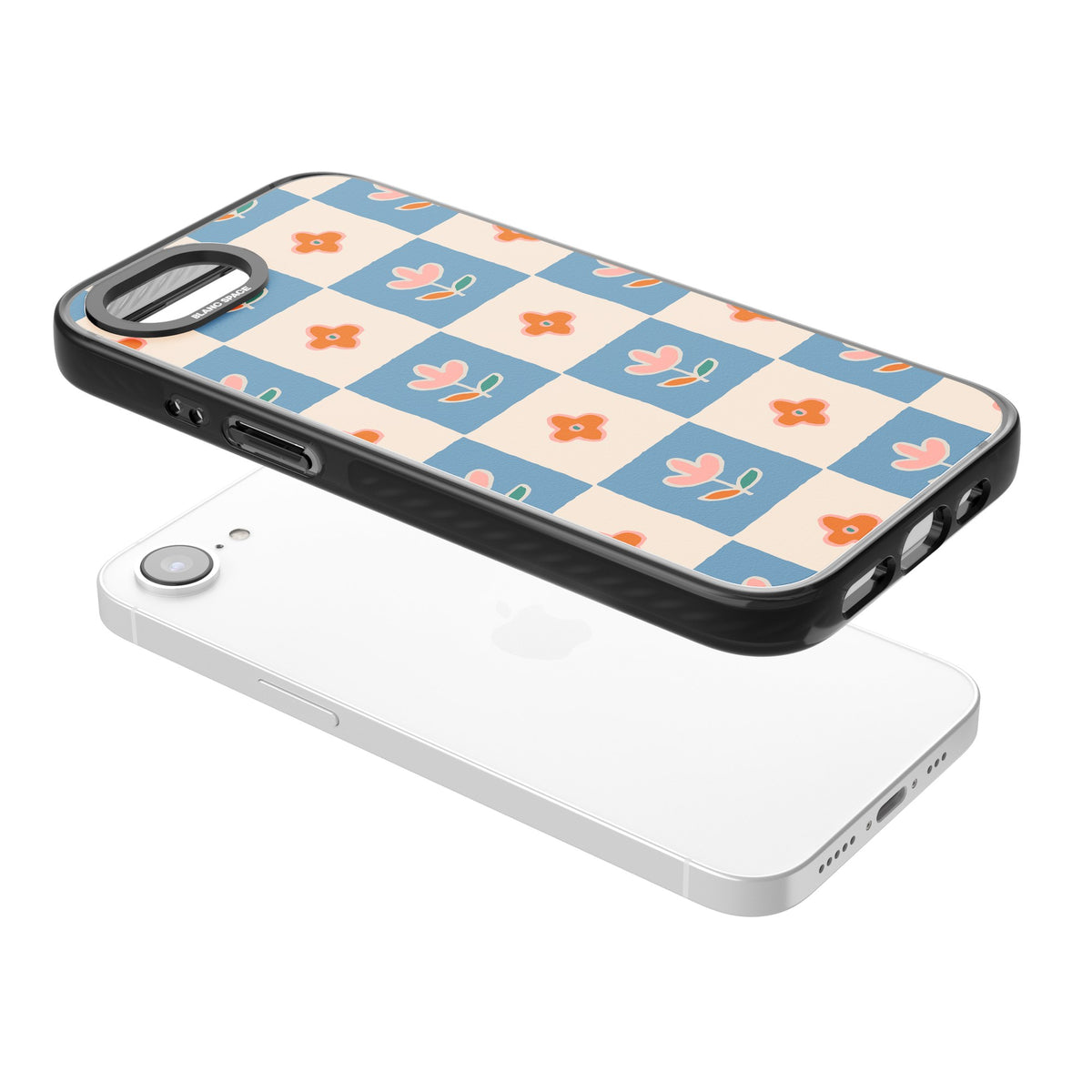 Vintage Bloom Checkered iPhone 16e / iPhone 17e Impact Black Phone Case angled
