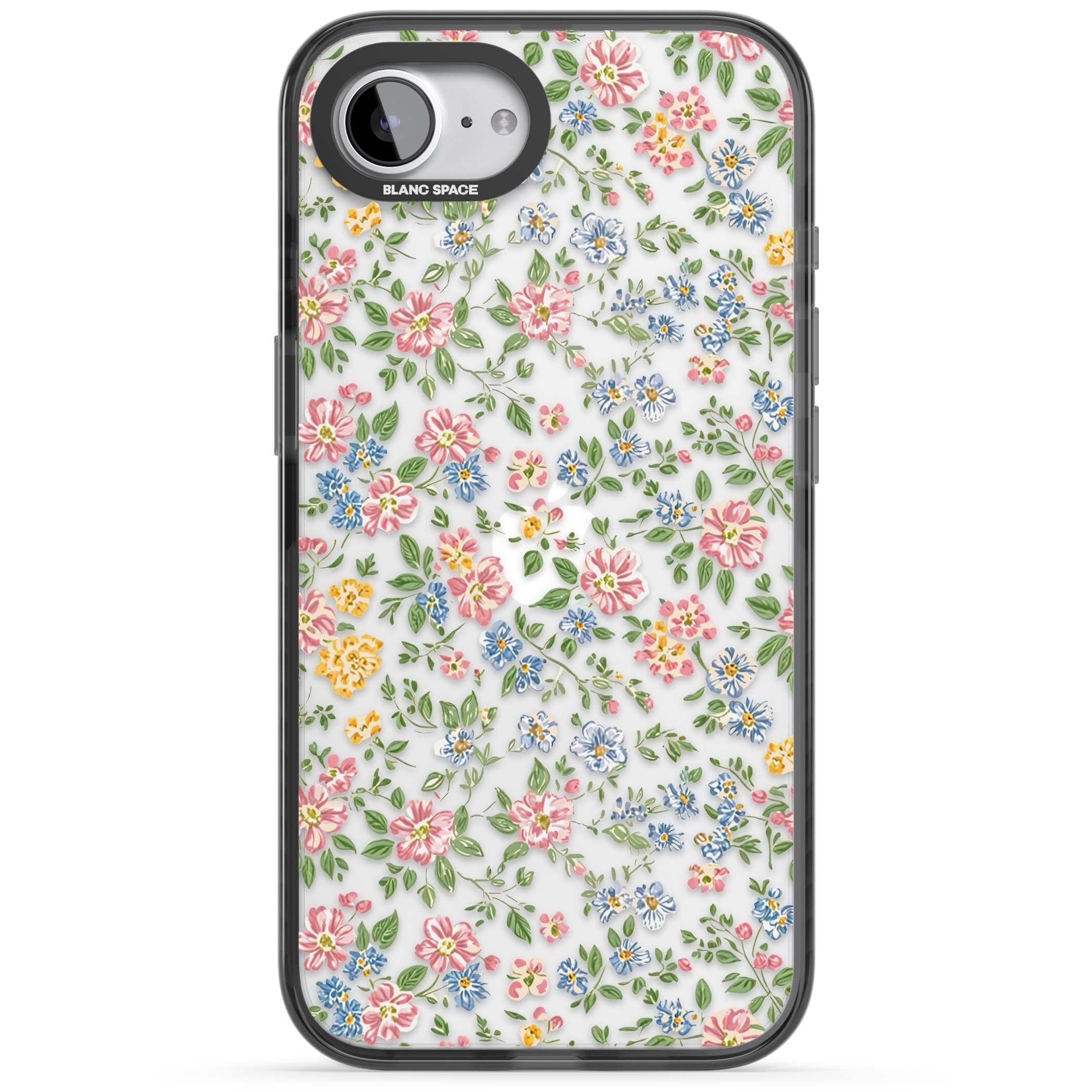 Soft Meadow cottagecore iPhone case featuring pink cosmos, blue forget-me-nots, yellow buttercups and green leaves sca | Black Impact case for iPhone 16e, iPhone 17e