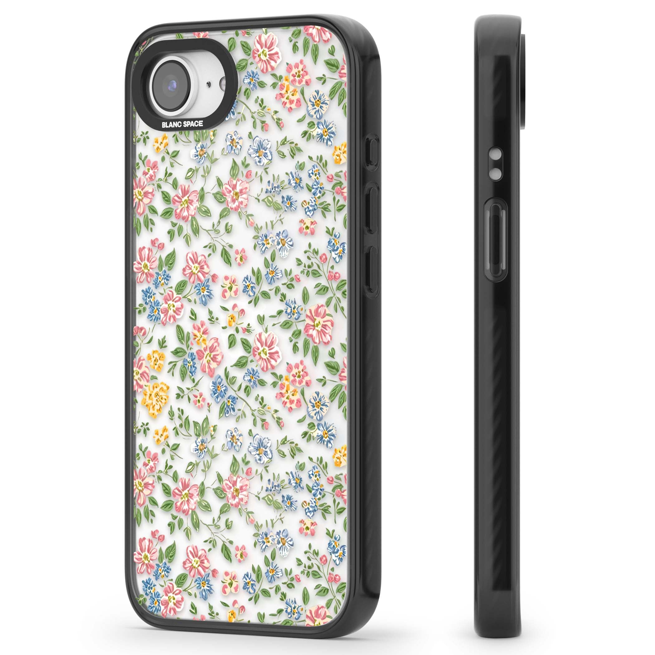 Soft Meadow cottagecore iPhone case featuring pink cosmos, blue forget-me-nots, yellow buttercups and green leaves sca | Black Impact case for iPhone 16e, iPhone 17e