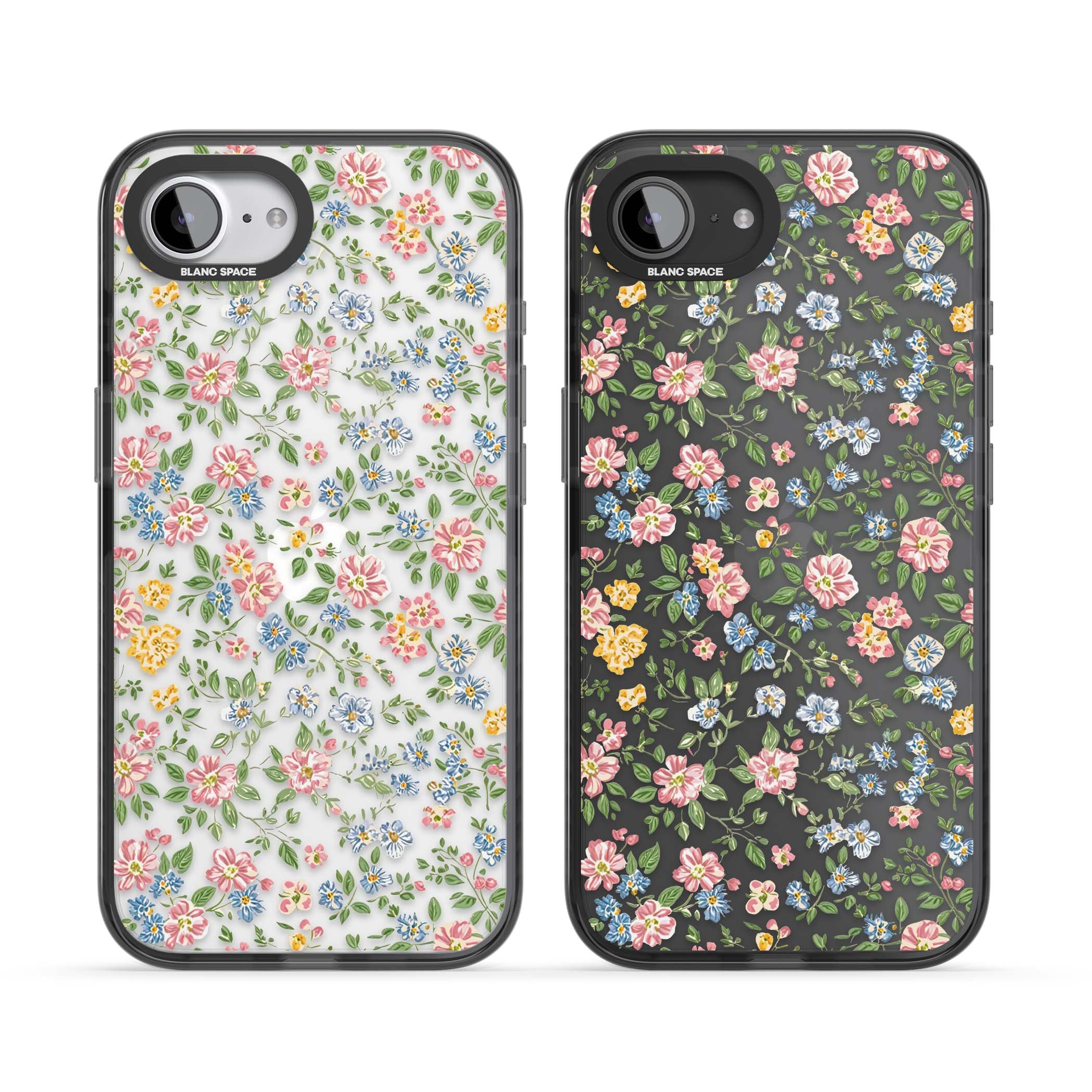 Soft Meadow cottagecore iPhone case featuring pink cosmos, blue forget-me-nots, yellow buttercups and green leaves sca | Black Impact case for iPhone 16e, iPhone 17e