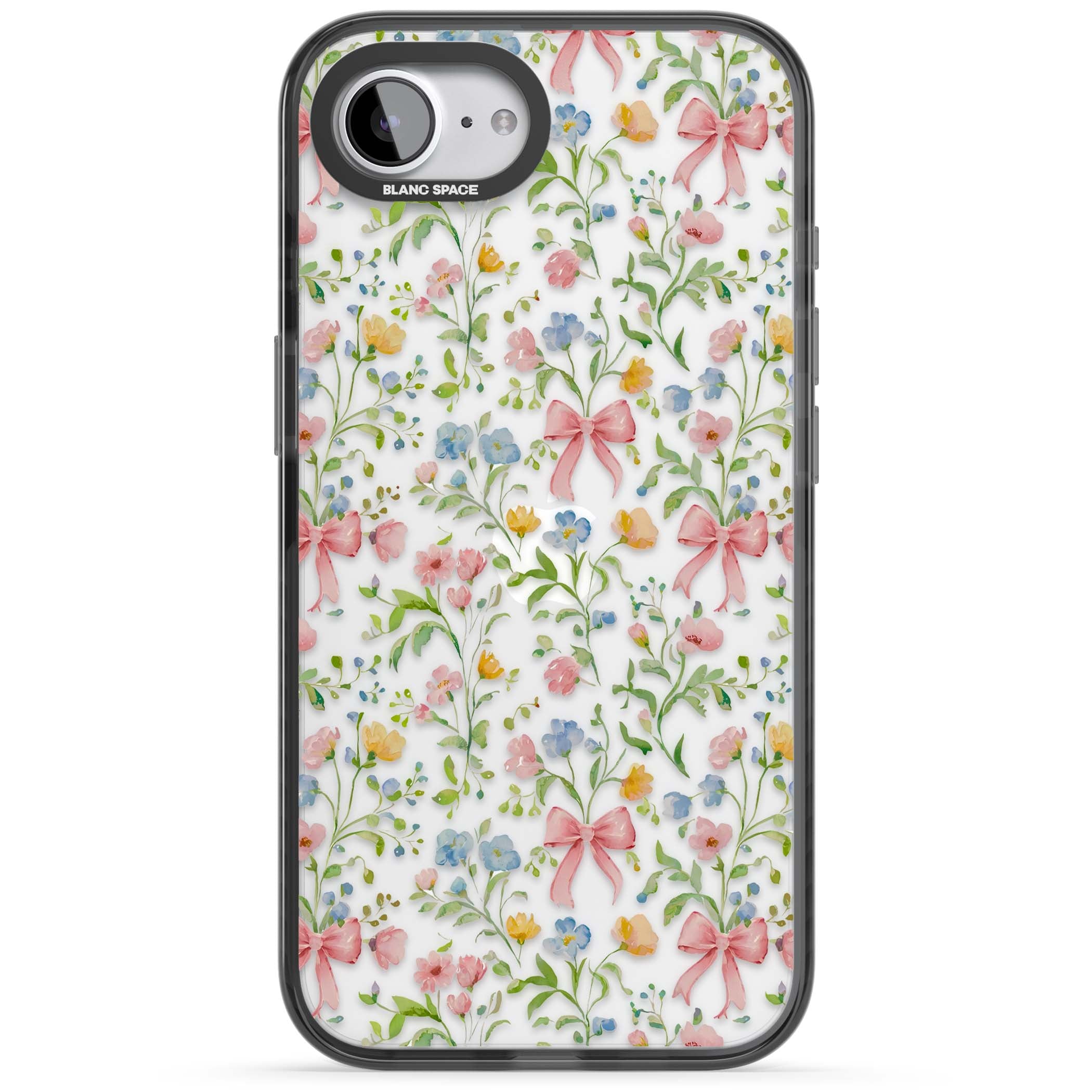 Ribbons & Wildflowers cottagecore iPhone case featuring watercolor wildflowers, pink satin bows, and delicate spring blooms o | Black Impact case for iPhone 16e, iPhone 17e