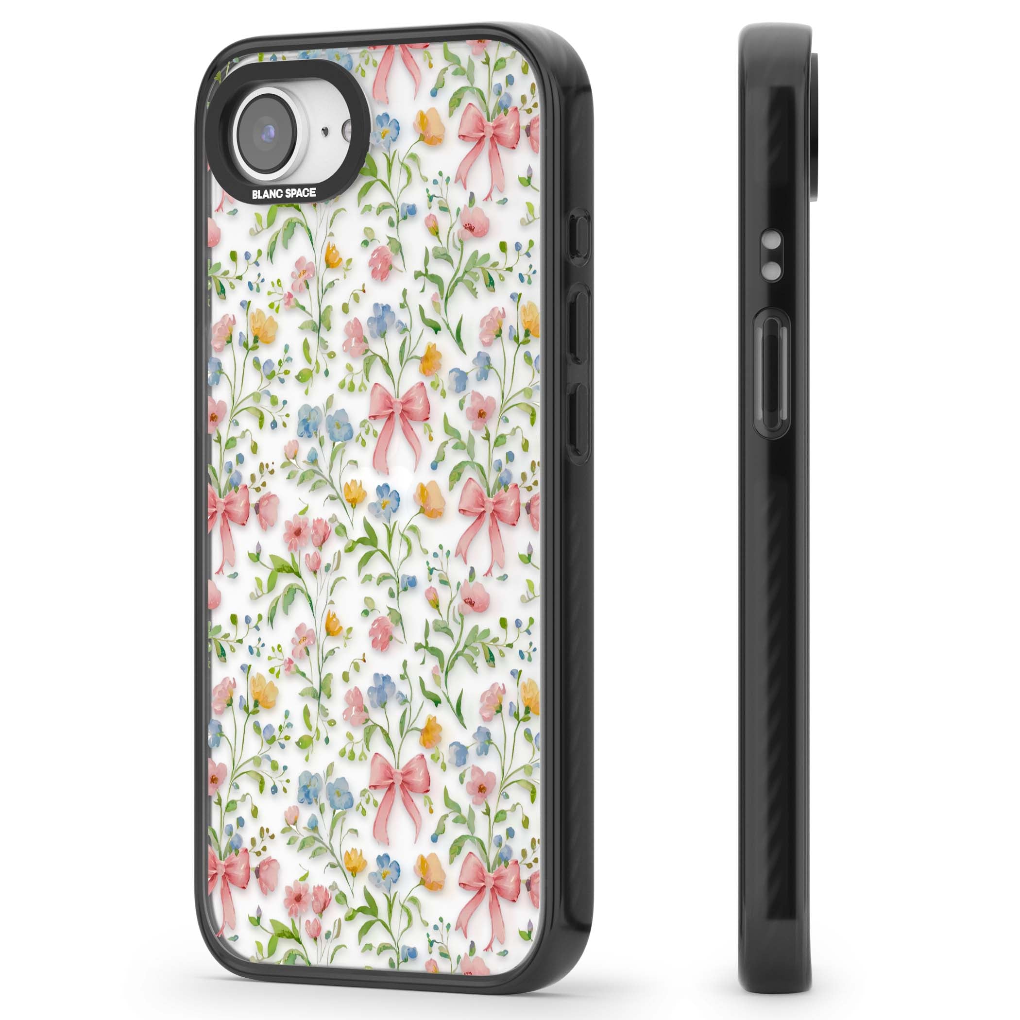 Ribbons & Wildflowers cottagecore iPhone case featuring watercolor wildflowers, pink satin bows, and delicate spring blooms o | Black Impact case for iPhone 16e, iPhone 17e
