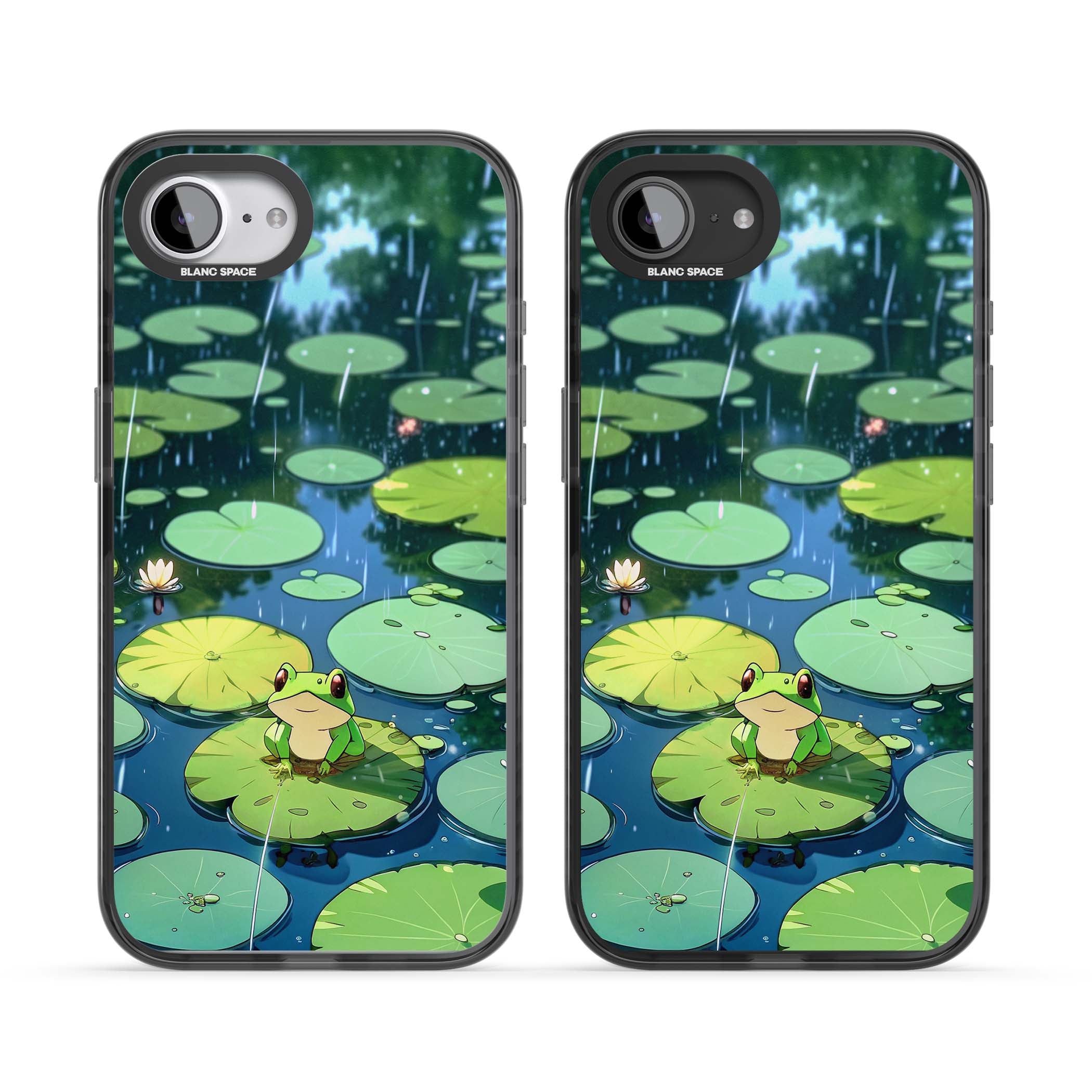 Frog In Lily Pond cottagecore iPhone case featuring a cute green frog on a lily pad with falling rain and a lotus flower | Black Impact case for iPhone 16e, iPhone 17e