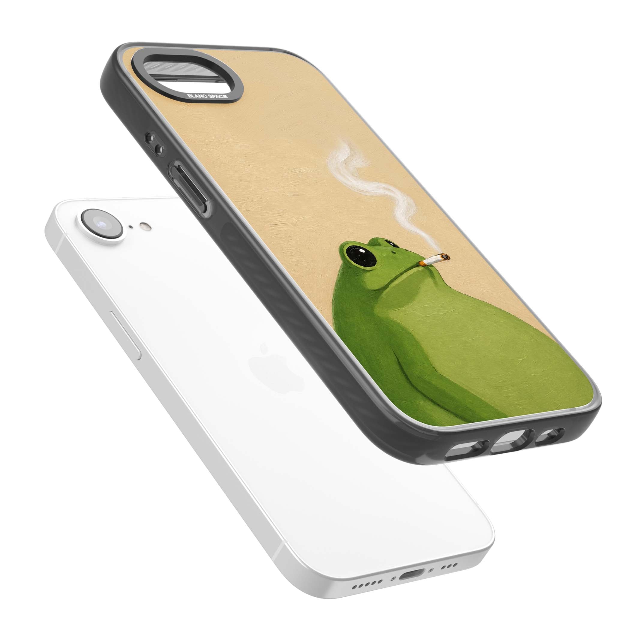 The Smoking Frog cottagecore iPhone case featuring a hand-painted green frog smoking a cigarette on a cream oil painting back | Black Impact case for iPhone 16e, iPhone 17e