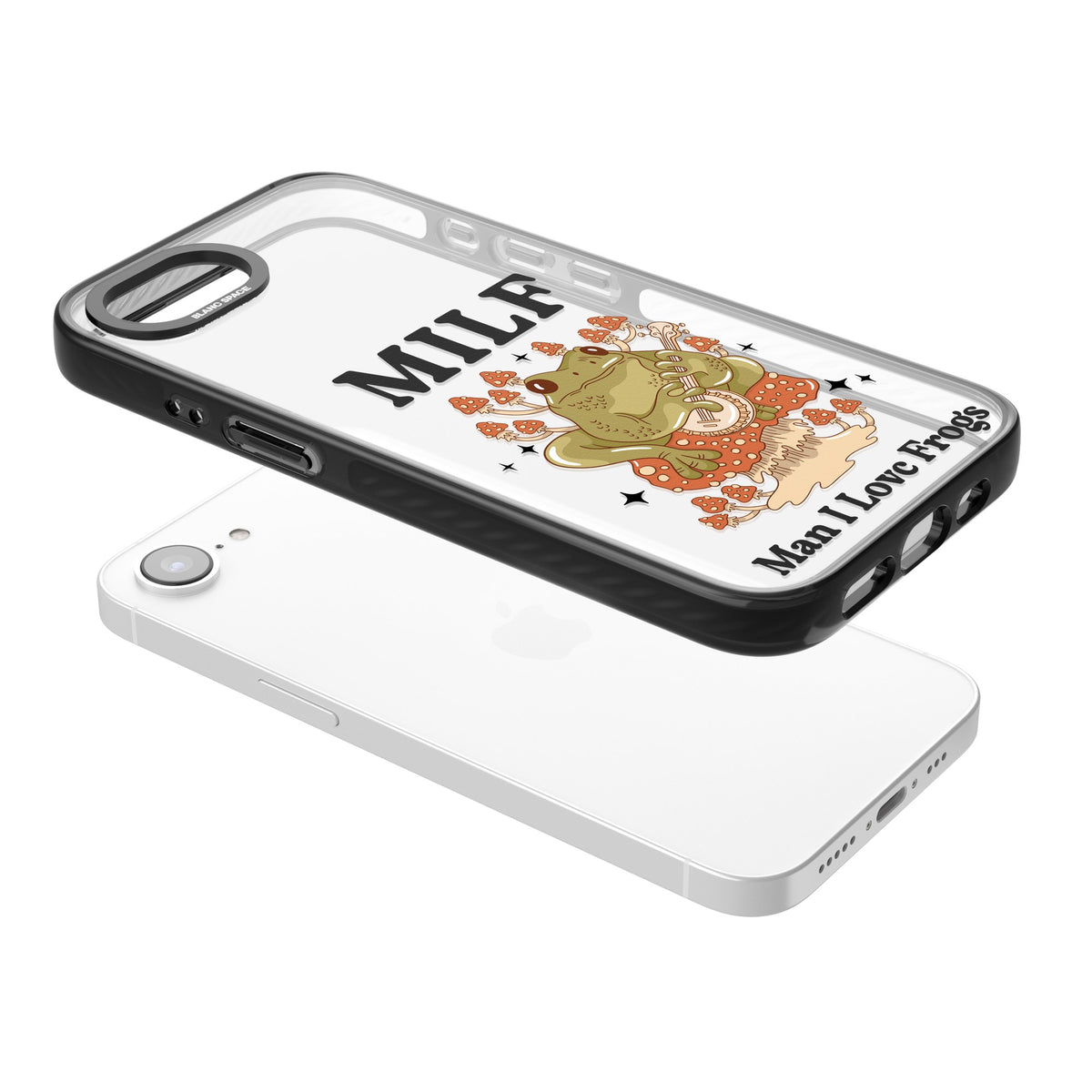 Man I Love Frogs iPhone 16e / iPhone 17e Impact Black Phone Case angled