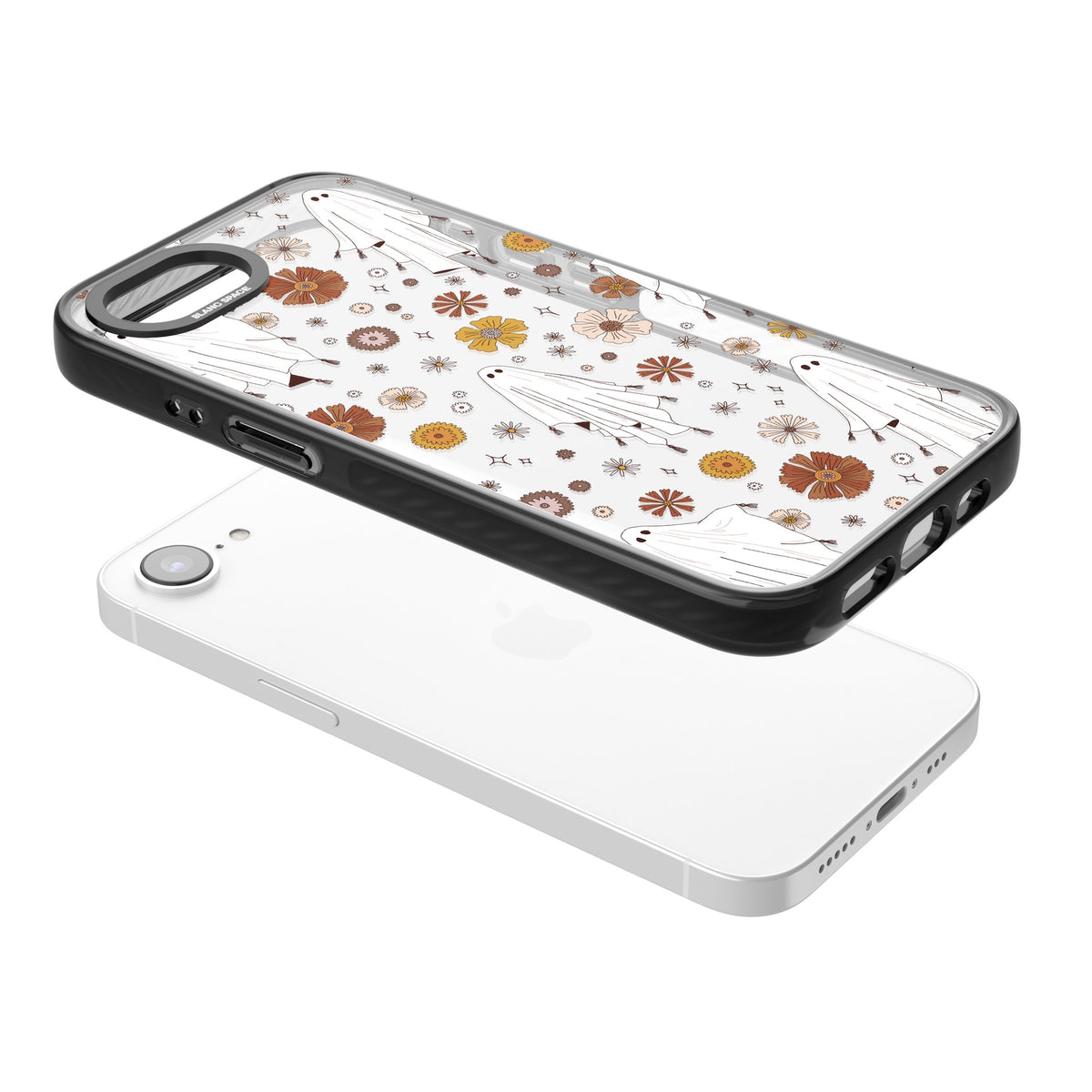 Ghosts And Flowers iPhone 16e / iPhone 17e Impact Black Phone Case angled