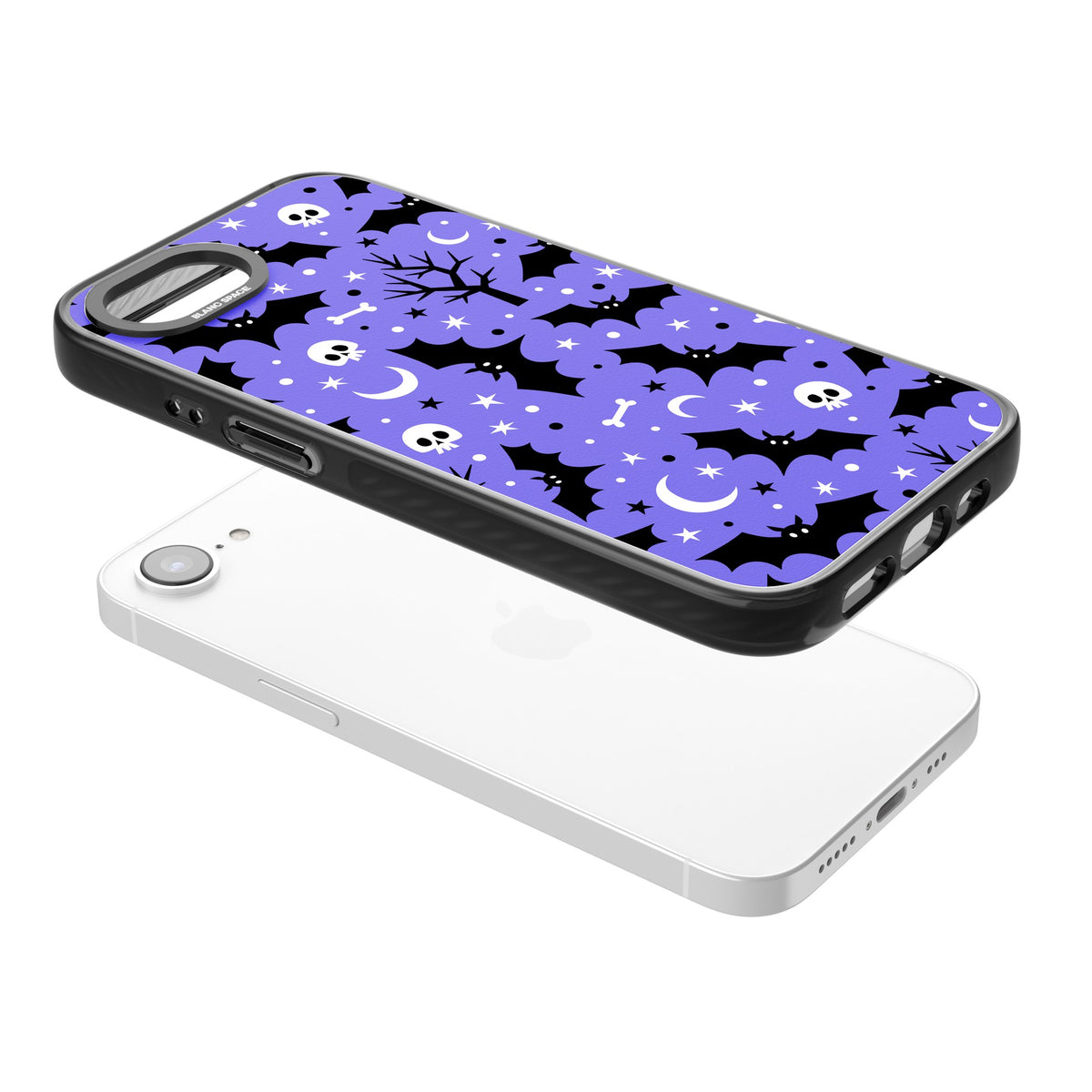 Bats N' Bones Pattern iPhone 16e / iPhone 17e Impact Black Phone Case angled