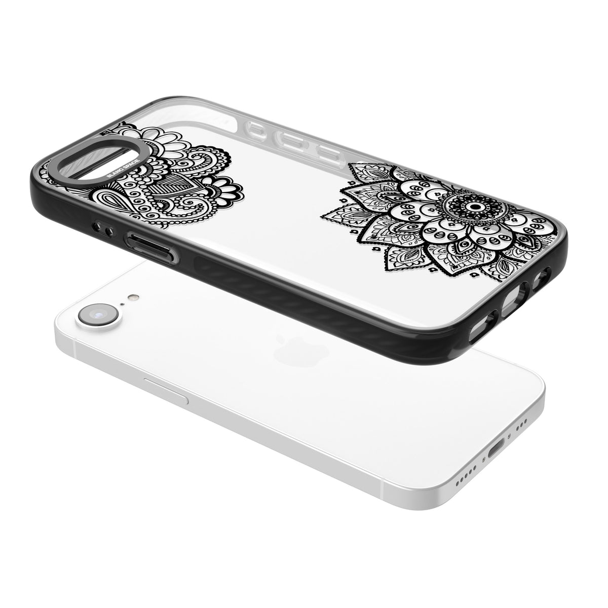 Black Henna Florals iPhone 16e / iPhone 17e Impact Black Phone Case angled