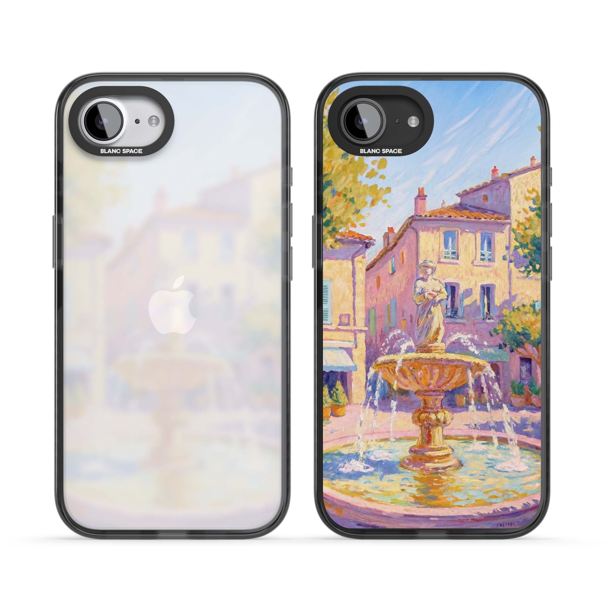 Fountain Square fine art iPhone case featuring an impressionist Provençal fountain, pastel village buildings and summe | Black Impact case for iPhone 16e, iPhone 17e