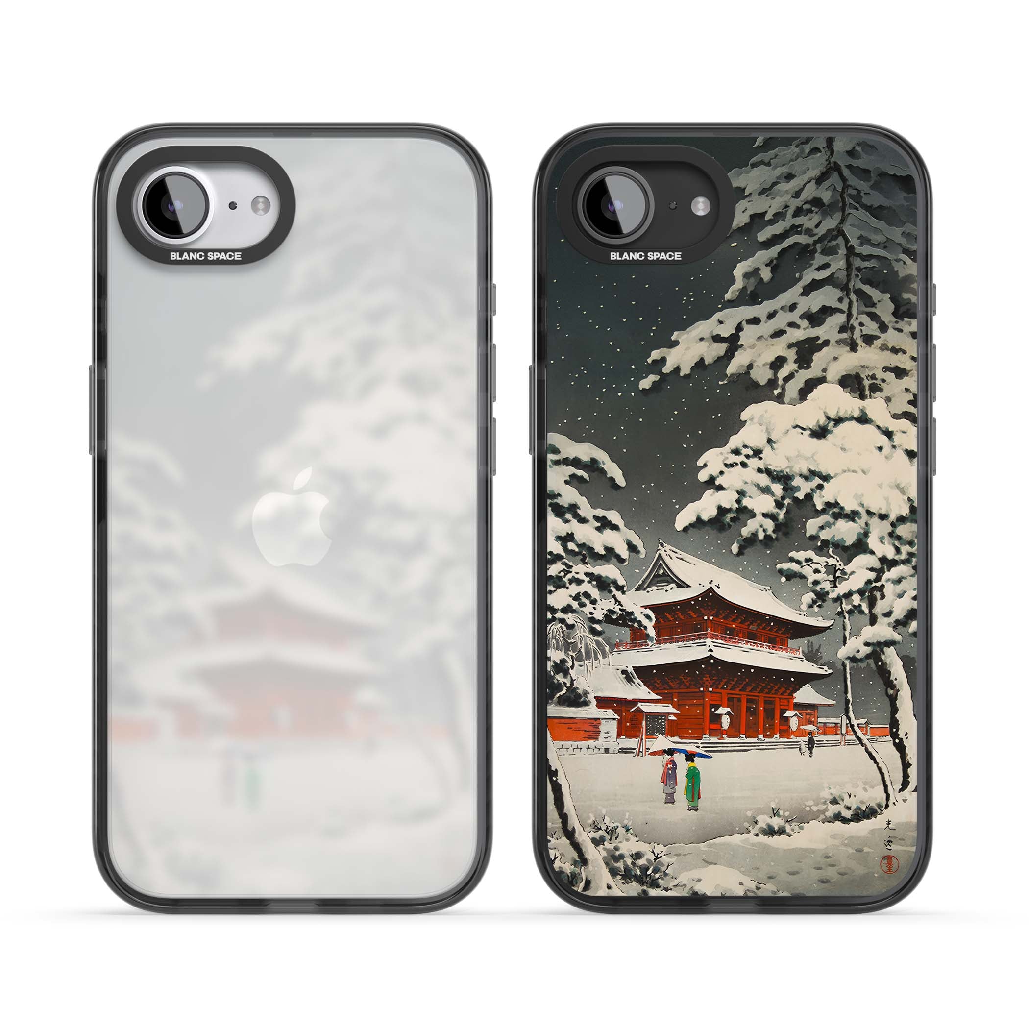 Snow at Shiha Park, Tokyo Japanese art iPhone case featuring a vintage ukiyo-e snowy temple, red pagoda, and snow-covered pin | Black Impact case for iPhone 16e, iPhone 17e
