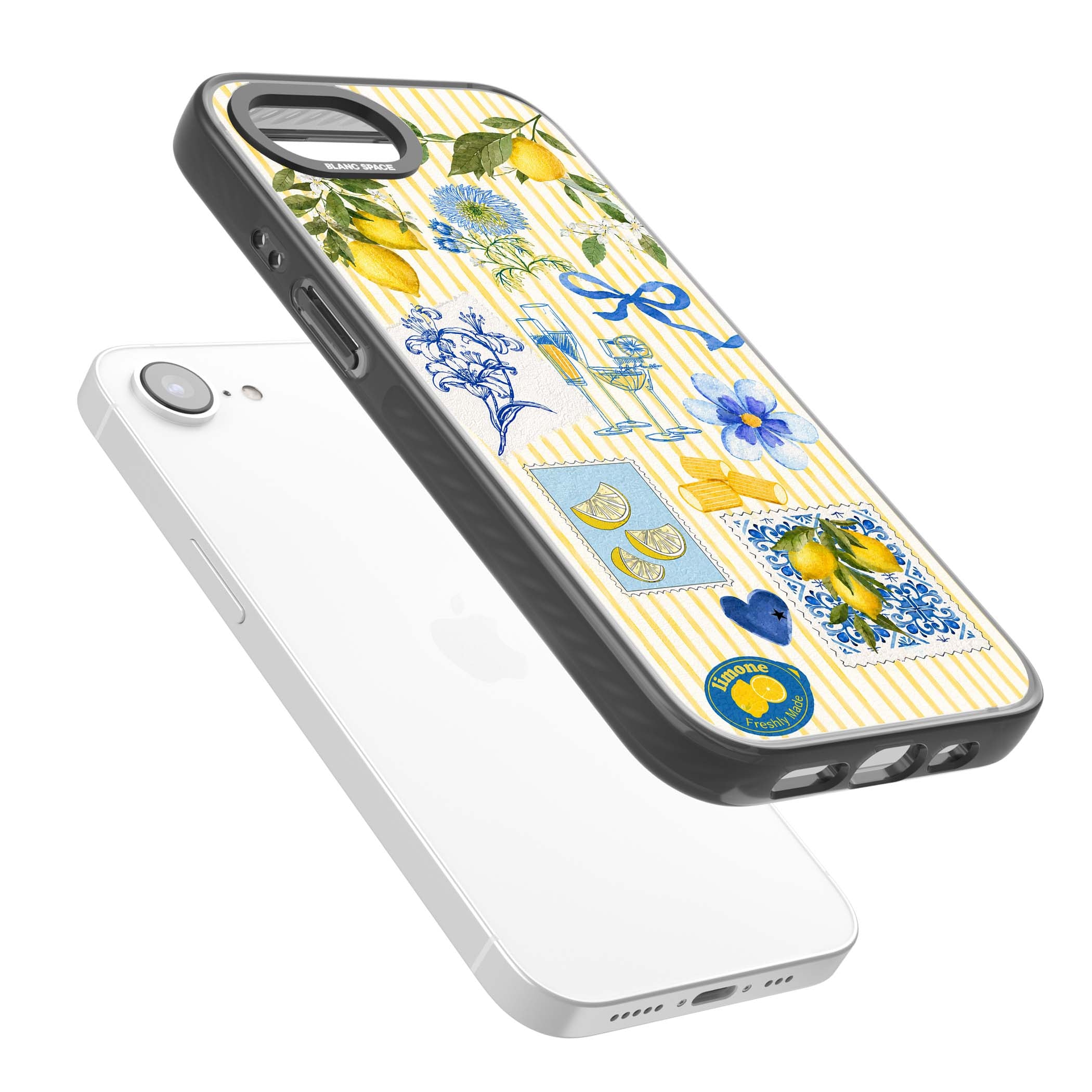 Limone Riviera Italian summer iPhone case featuring watercolour lemons, blue ribbon bows and majolica tile stamps on... | Black Impact case for iPhone 16e, iPhone 17e