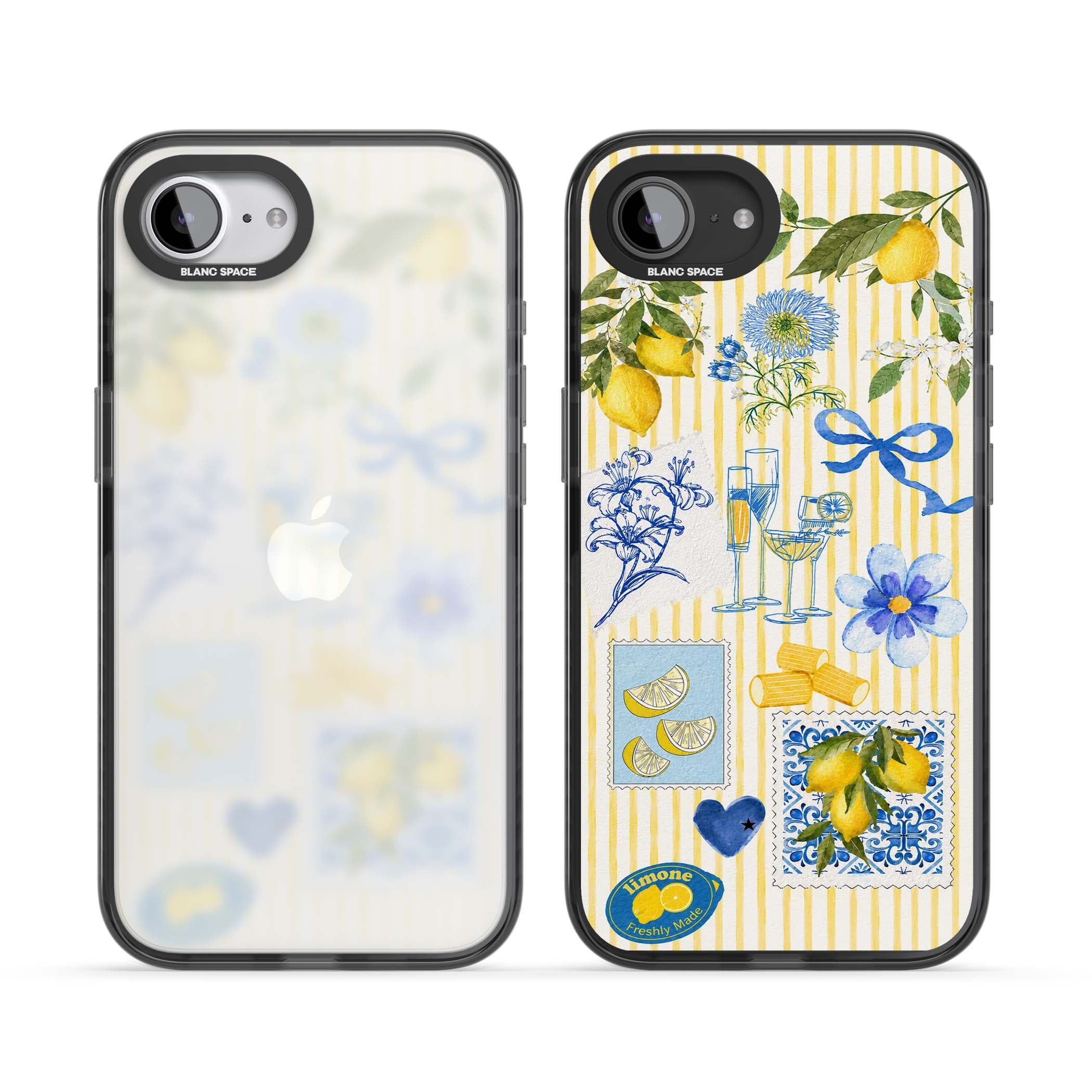 Limone Riviera Italian summer iPhone case featuring watercolour lemons, blue ribbon bows and majolica tile stamps on... | Black Impact case for iPhone 16e, iPhone 17e