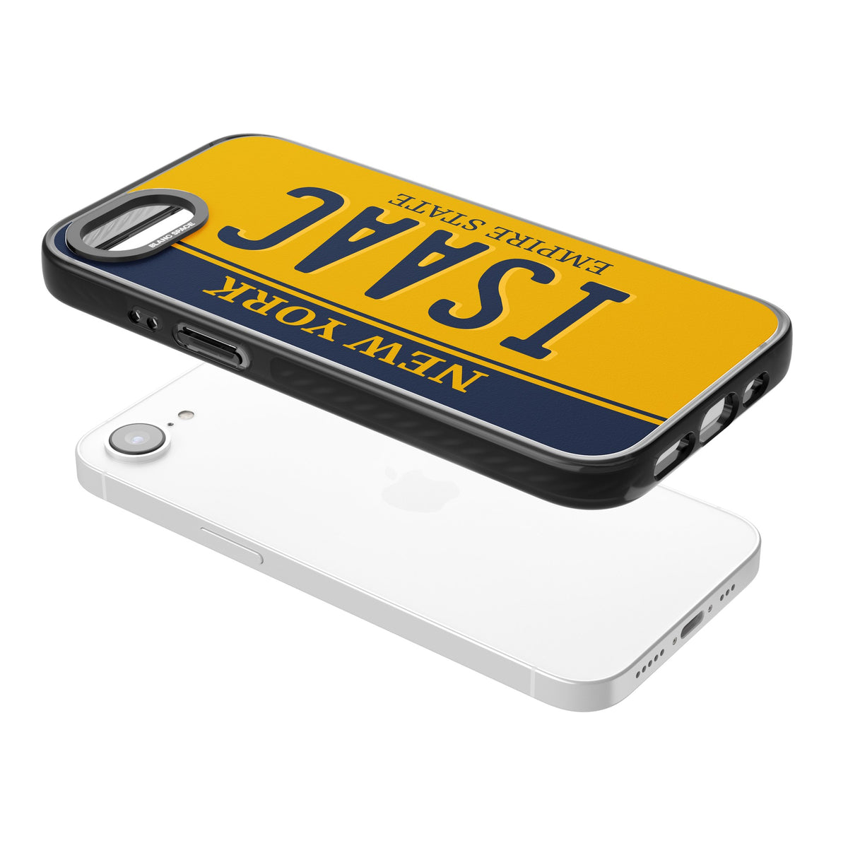 Personalised New York License Plate iPhone 16e / iPhone 17e Impact Black Phone Case angled