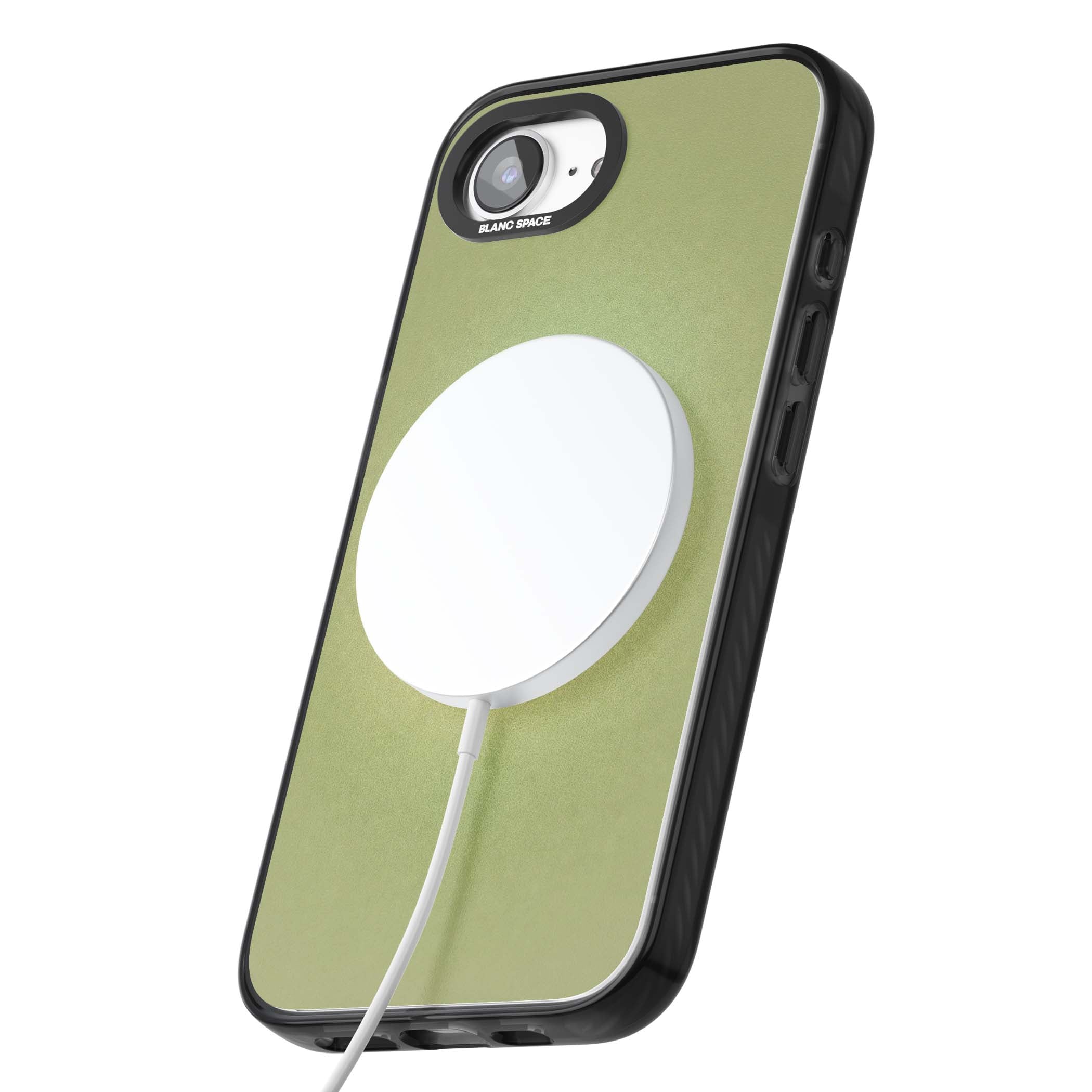Seeds of Positivity quote iPhone case featuring a sage green aura gradient and golden glow affirmation | Black Impact Magsafe case for iPhone 16e, iPhone 17e