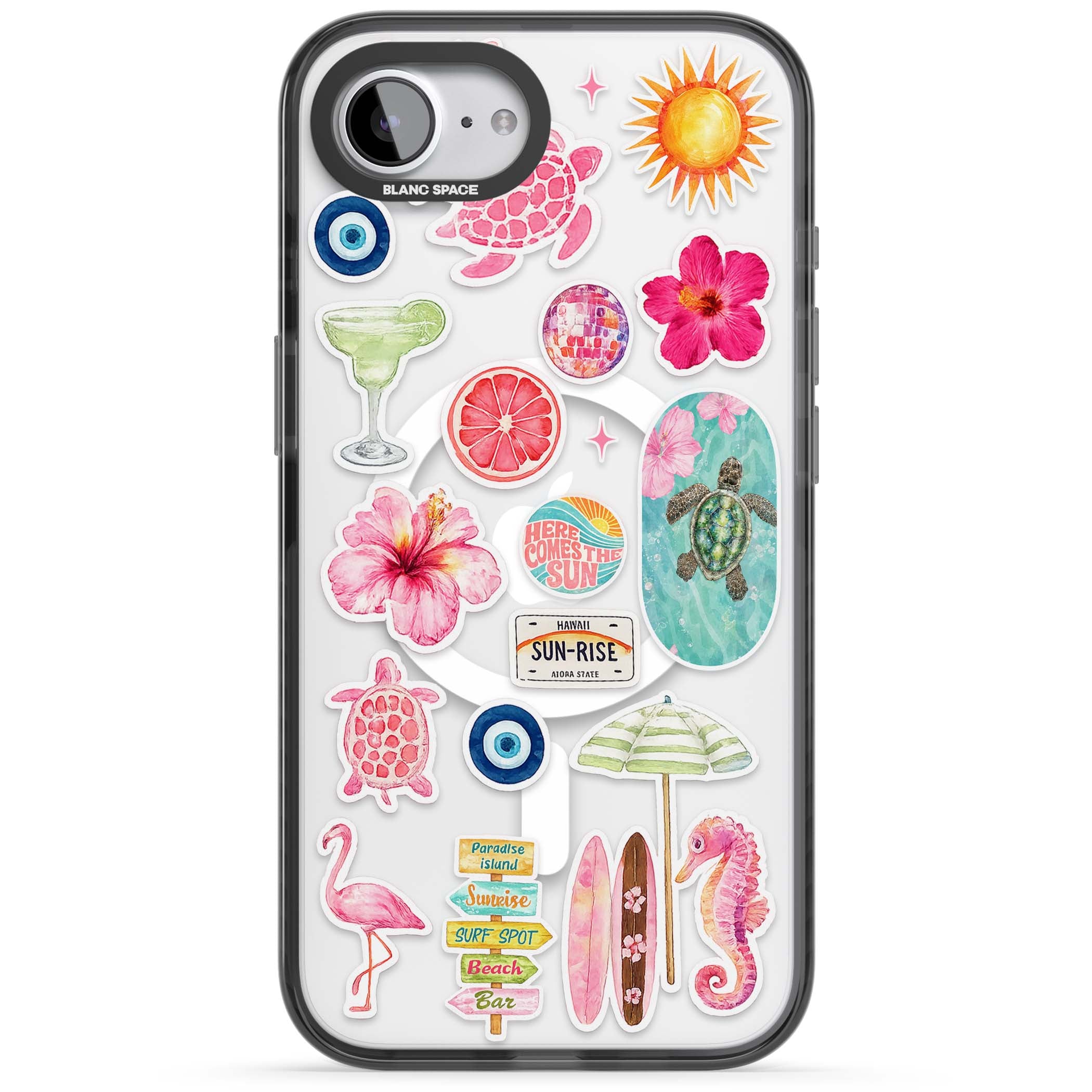 Aloha Sticker Mix tropical summer iPhone case featuring pink hibiscus, sea turtles, flamingo and beach umbrella stickers | Black Impact Magsafe case for iPhone 16e, iPhone 17e