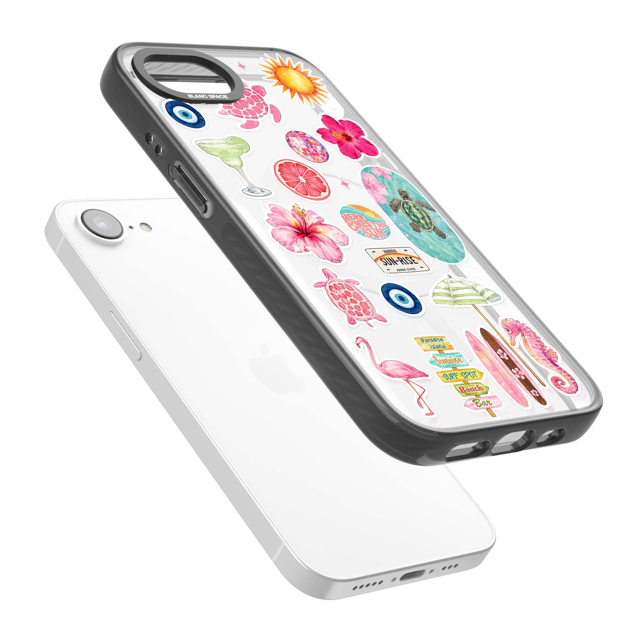 Aloha Sticker Mix tropical summer iPhone case featuring pink hibiscus, sea turtles, flamingo and beach umbrella stickers | Black Impact Magsafe case for iPhone 16e, iPhone 17e