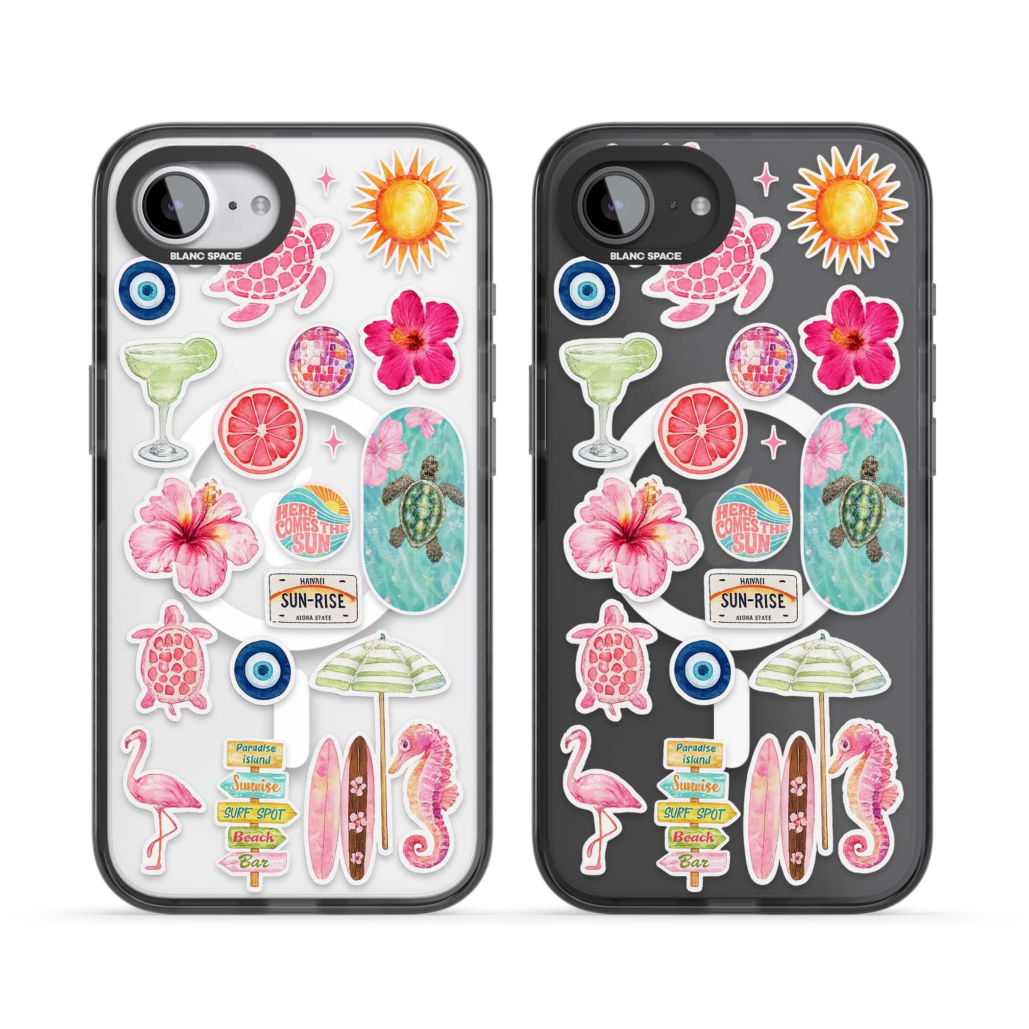 Aloha Sticker Mix tropical summer iPhone case featuring pink hibiscus, sea turtles, flamingo and beach umbrella stickers | Black Impact Magsafe case for iPhone 16e, iPhone 17e