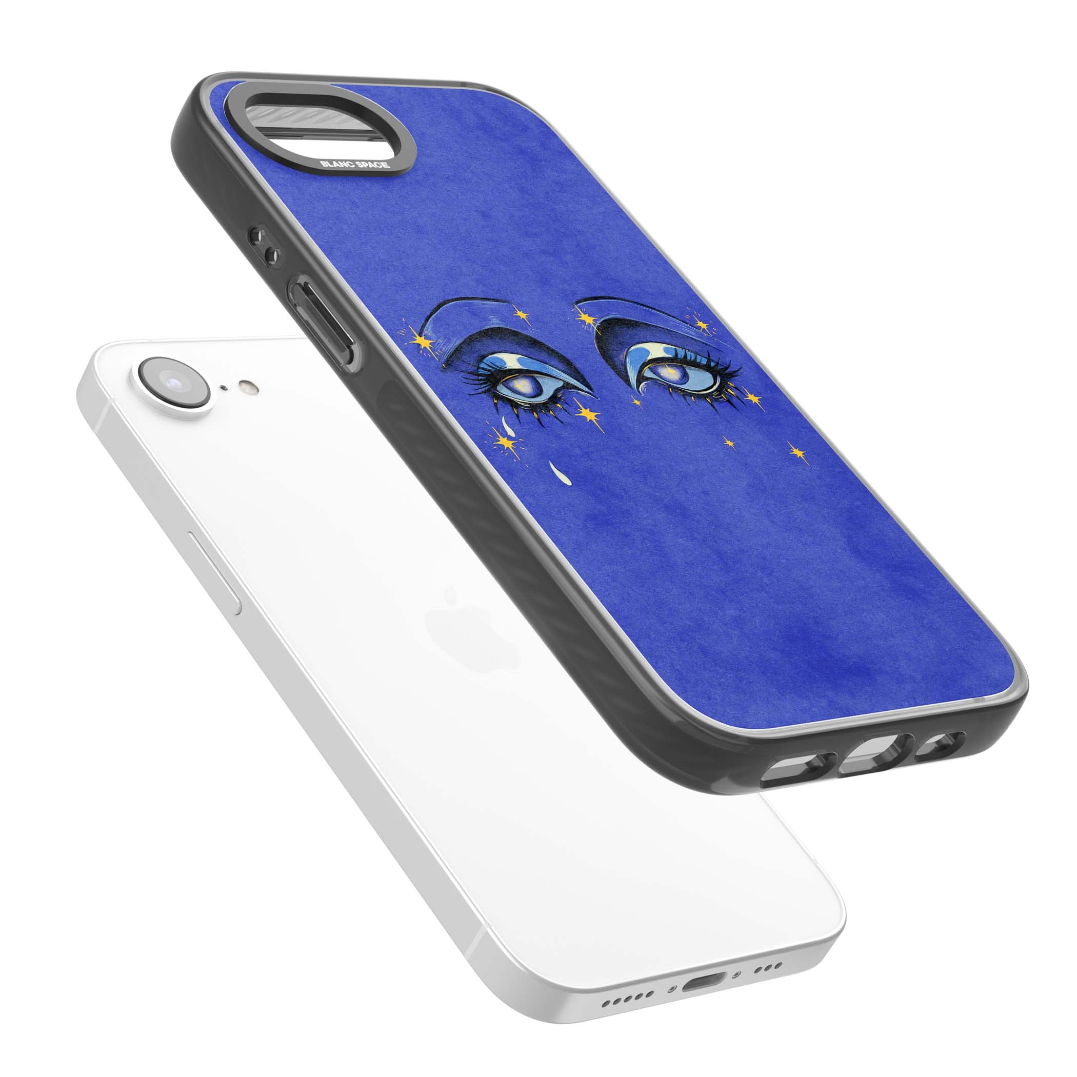 Blue Mystic Eyes celestial iPhone case featuring hand drawn blue mystical eyes, golden stars and a painted tear on indigo | Black Impact Magsafe case for iPhone 16e, iPhone 17e