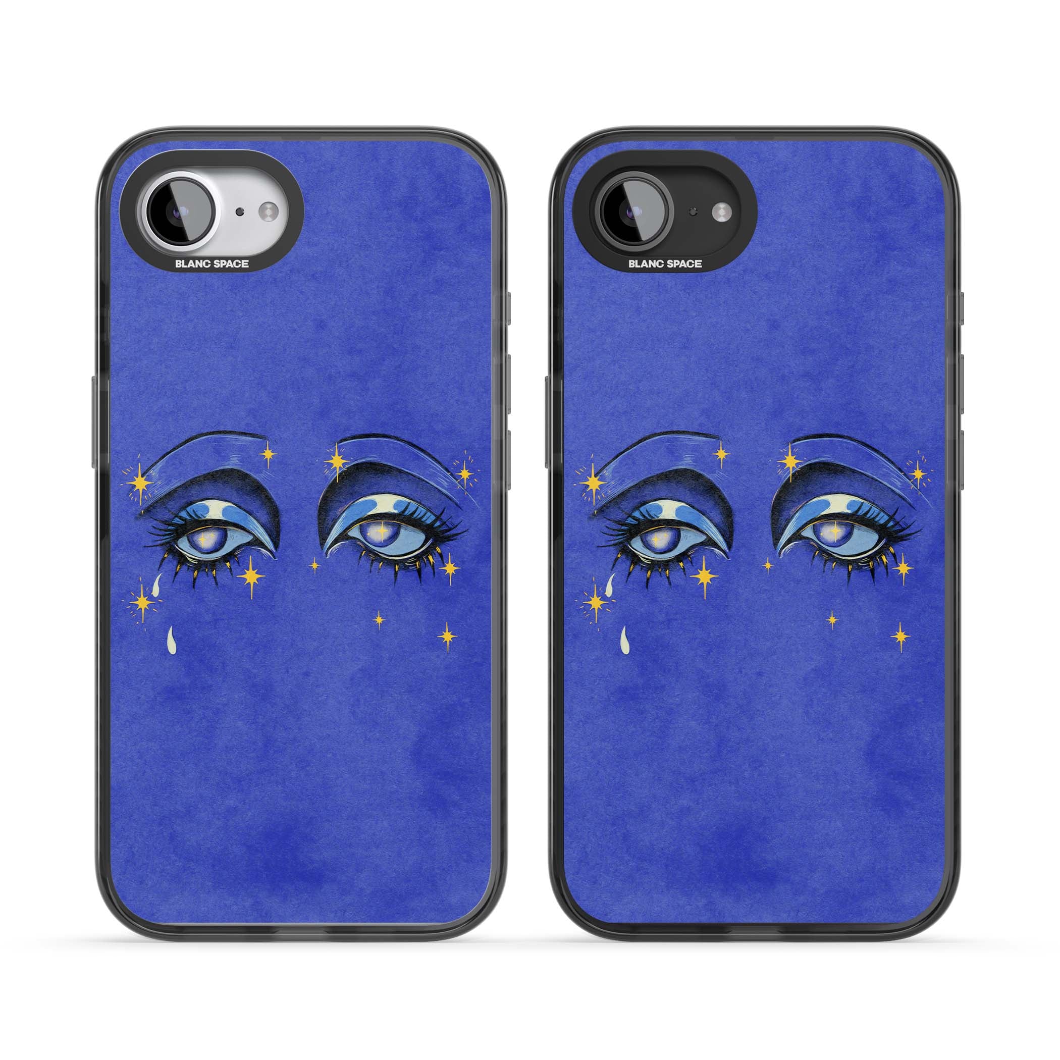 Blue Mystic Eyes celestial iPhone case featuring hand drawn blue mystical eyes, golden stars and a painted tear on indigo | Black Impact Magsafe case for iPhone 16e, iPhone 17e