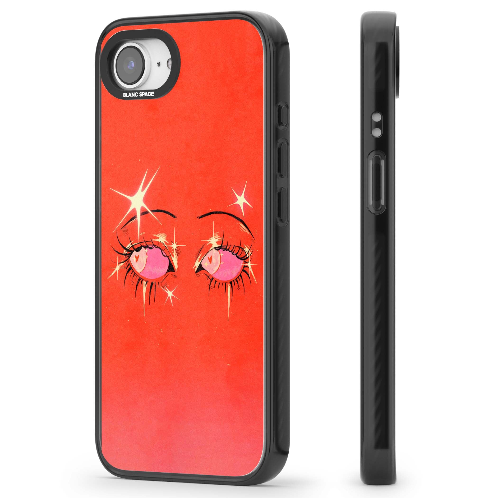 Pink Ethereal Eyes anime iPhone case featuring hand-drawn sparkly eyes with pink hearts and gold stars on red | Black Impact Magsafe case for iPhone 16e, iPhone 17e