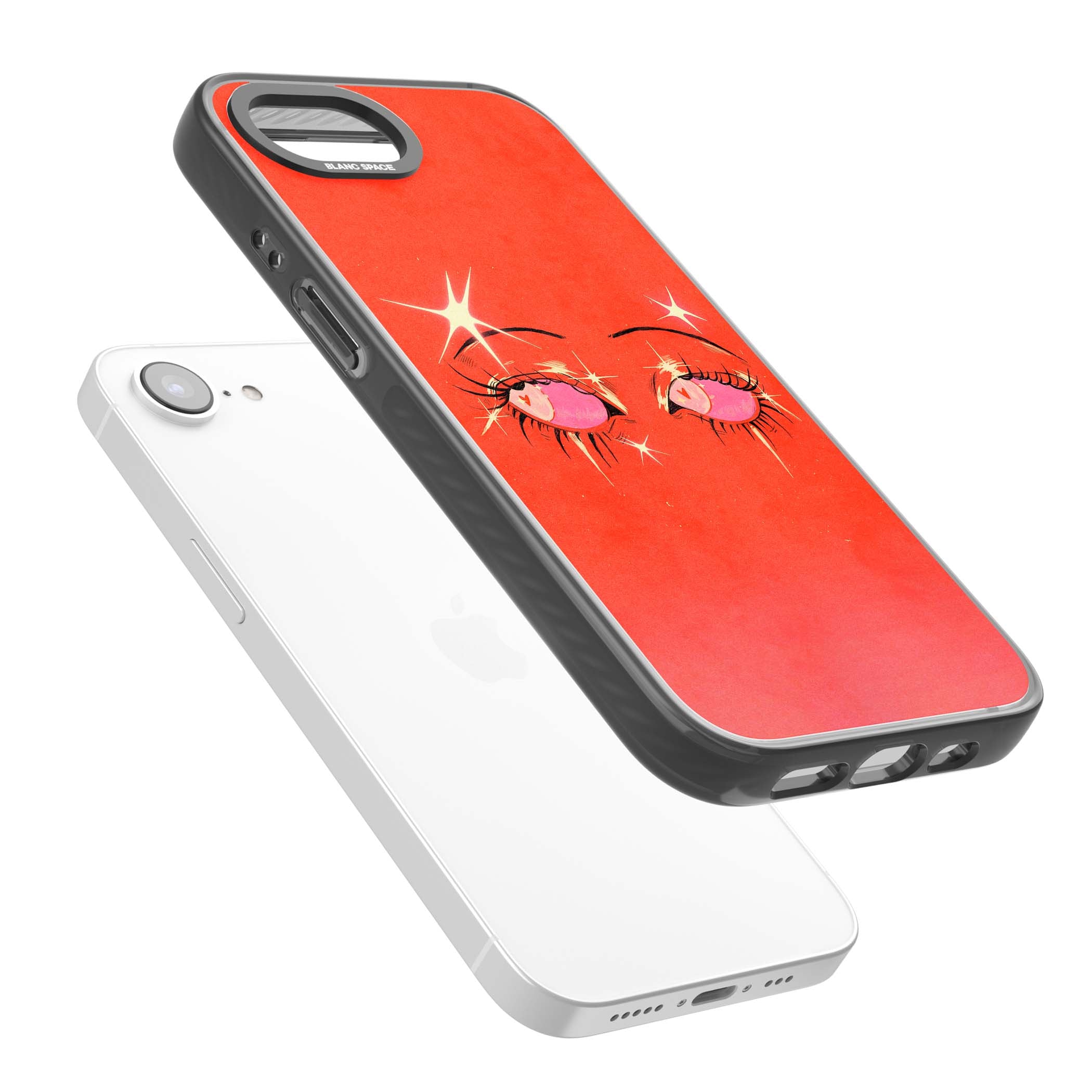 Pink Ethereal Eyes anime iPhone case featuring hand-drawn sparkly eyes with pink hearts and gold stars on red | Black Impact Magsafe case for iPhone 16e, iPhone 17e