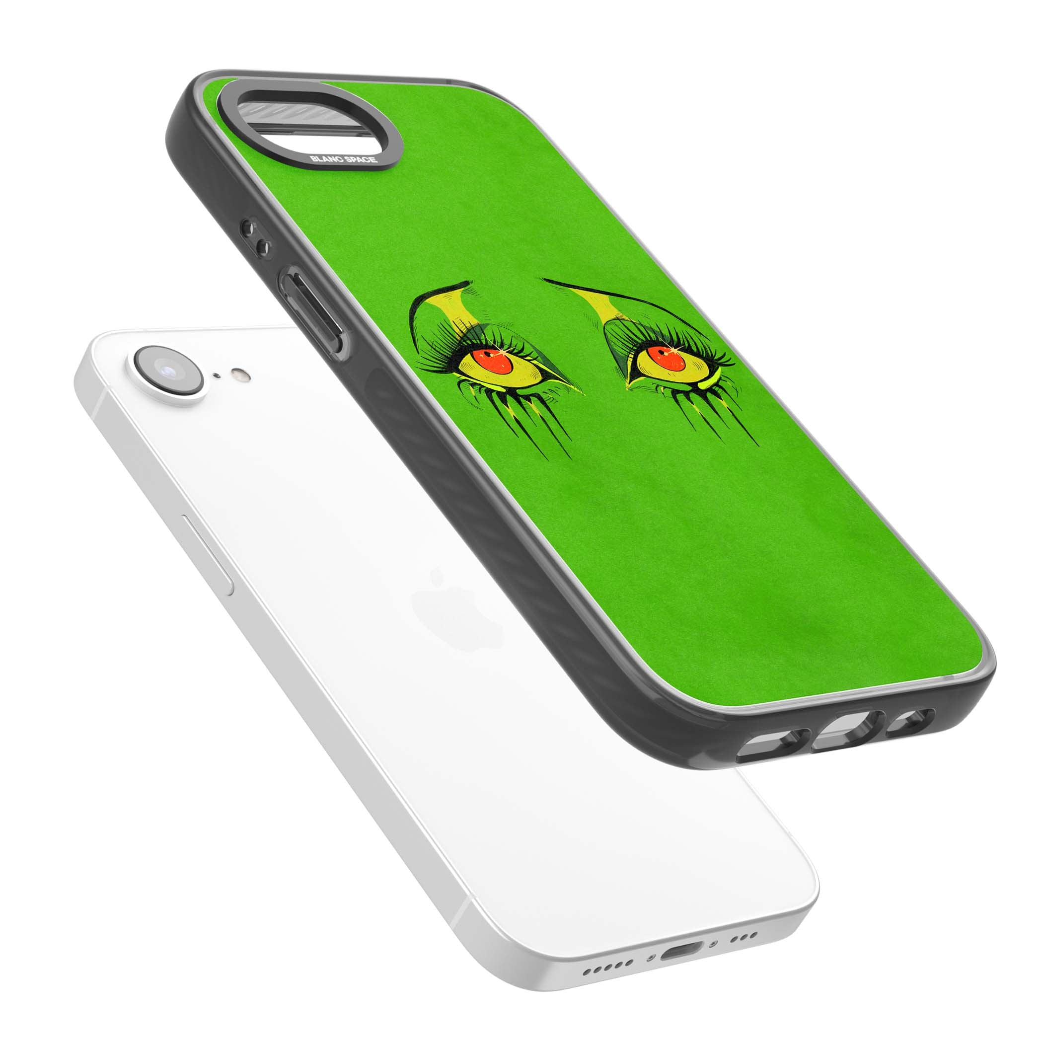 Green Enchanted Eyes psychedelic art iPhone case featuring hand-drawn dripping eyes on neon green background | Black Impact Magsafe case for iPhone 16e, iPhone 17e
