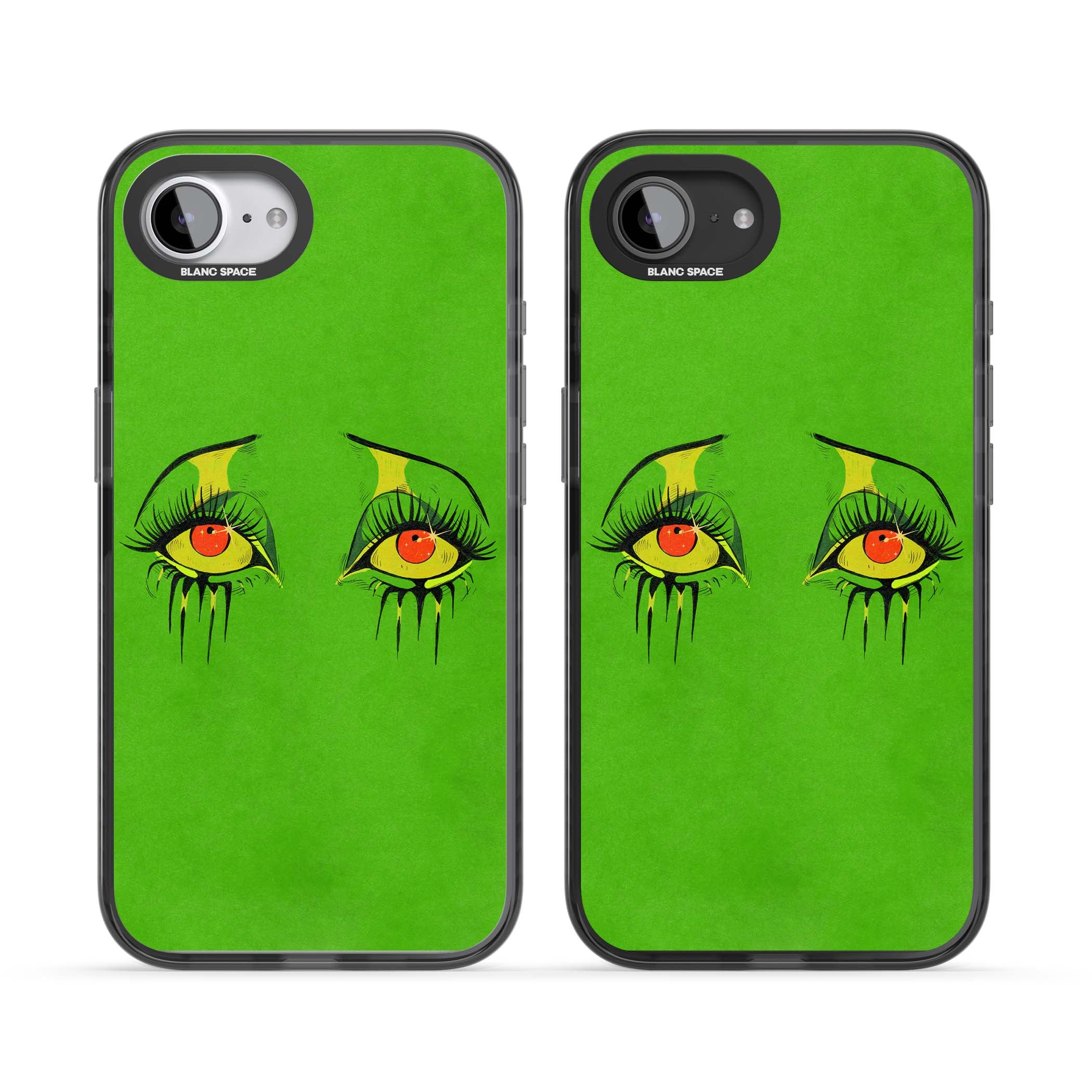 Green Enchanted Eyes psychedelic art iPhone case featuring hand-drawn dripping eyes on neon green background | Black Impact Magsafe case for iPhone 16e, iPhone 17e