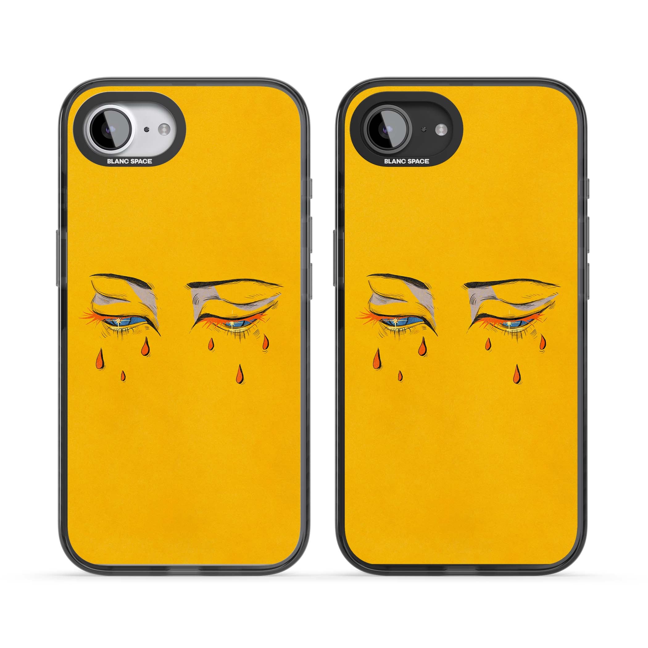 Yellow Tearful Eyes indie iPhone case featuring hand-drawn crying eyes with orange tears on a yellow background | Black Impact Magsafe case for iPhone 16e, iPhone 17e