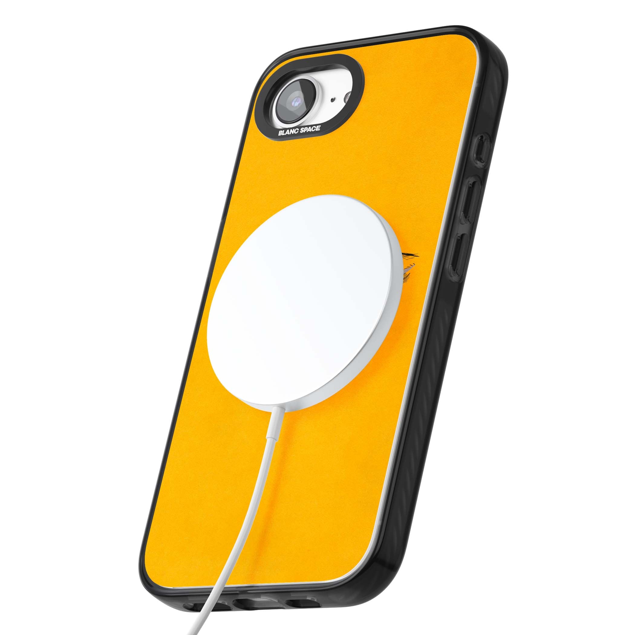 Yellow Tearful Eyes indie iPhone case featuring hand-drawn crying eyes with orange tears on a yellow background | Black Impact Magsafe case for iPhone 16e, iPhone 17e