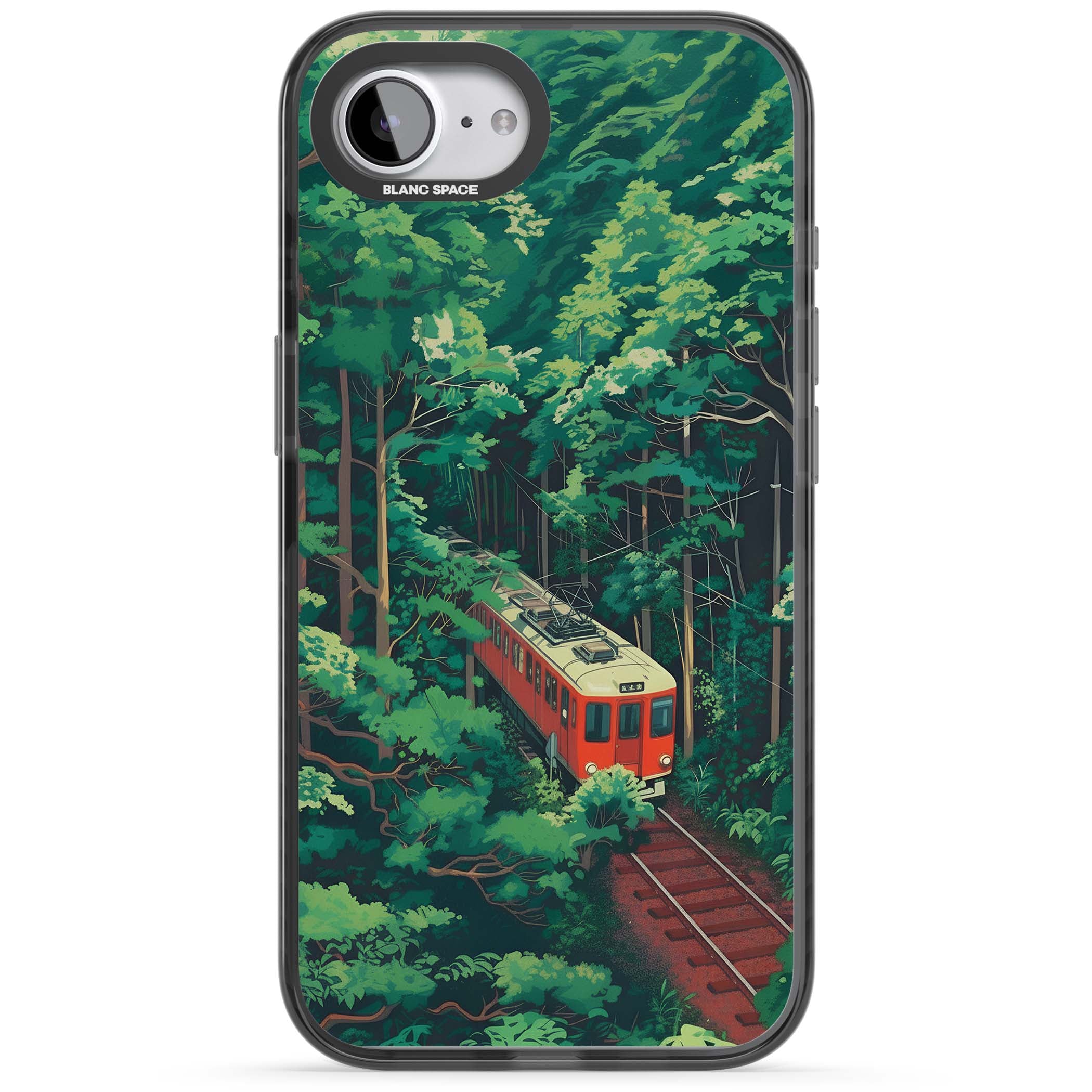 Railway In Toyama Japanese iPhone case featuring a red train, cedar forest and winding mountain railway tracks | Black Impact Magsafe case for iPhone 16e, iPhone 17e