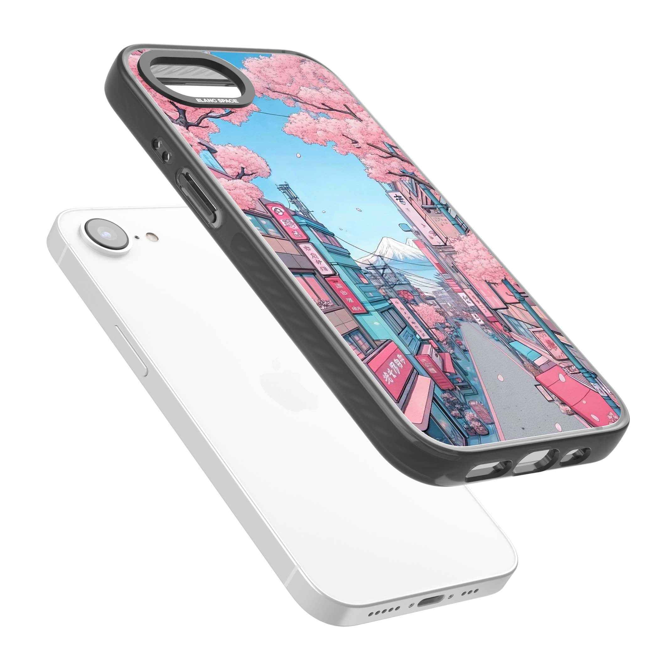Sakura Lane anime iPhone case featuring Tokyo street scene with cherry blossoms and Mount Fuji | Black Impact Magsafe case for iPhone 16e, iPhone 17e