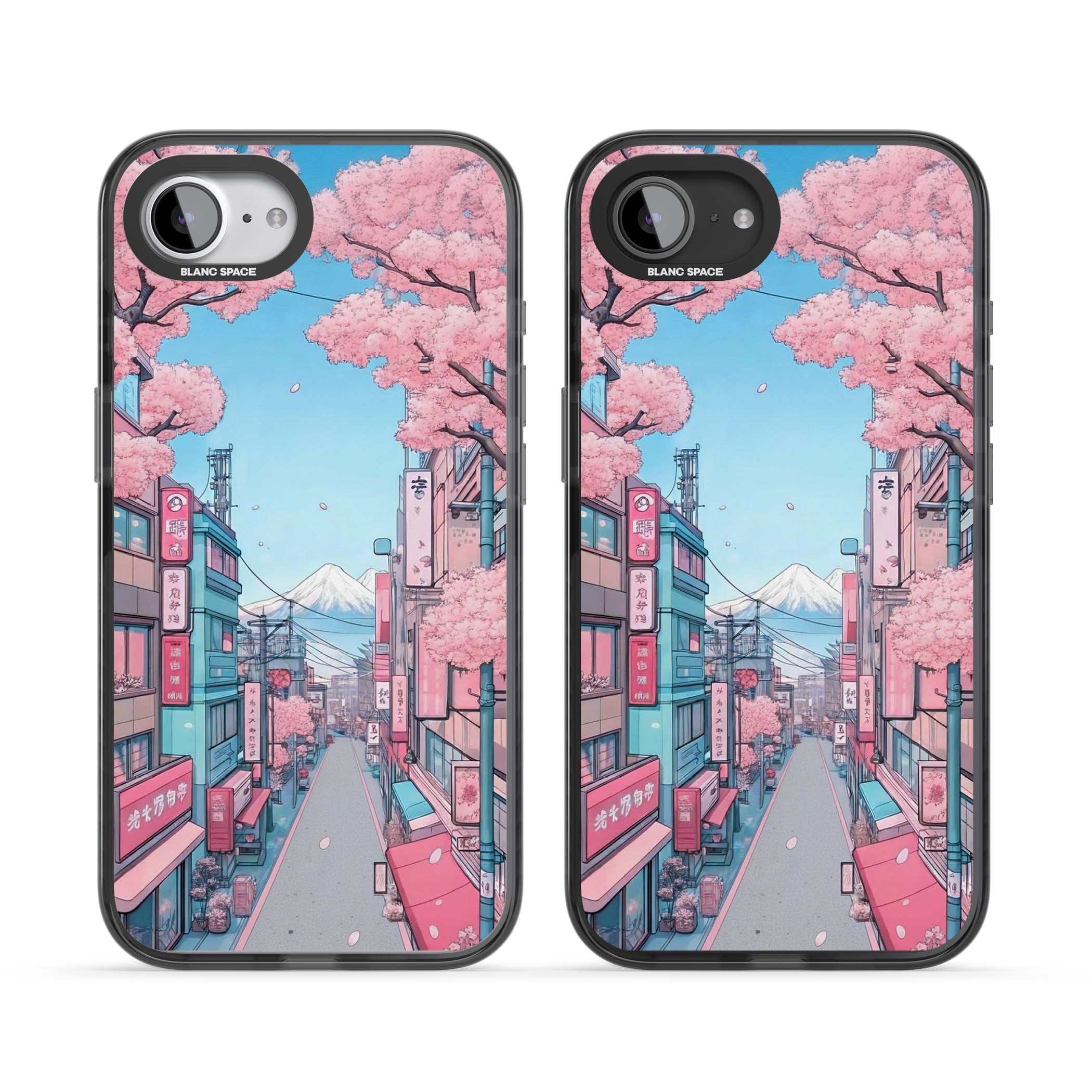 Sakura Lane anime iPhone case featuring Tokyo street scene with cherry blossoms and Mount Fuji | Black Impact Magsafe case for iPhone 16e, iPhone 17e