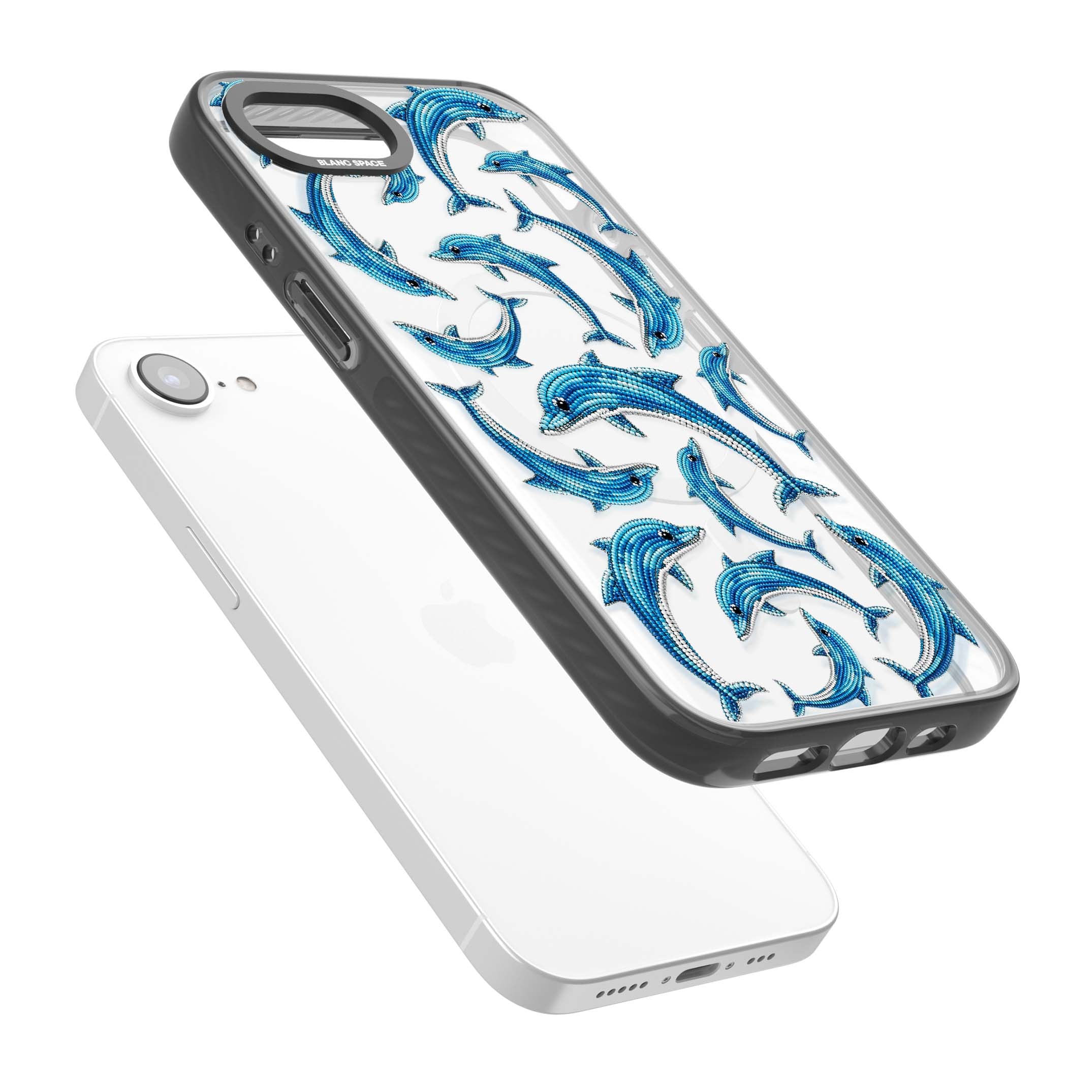 Beaded Dolphins coastal iPhone case featuring beaded dolphins in blue and white swimming across a clear background | Black Impact Magsafe case for iPhone 16e, iPhone 17e